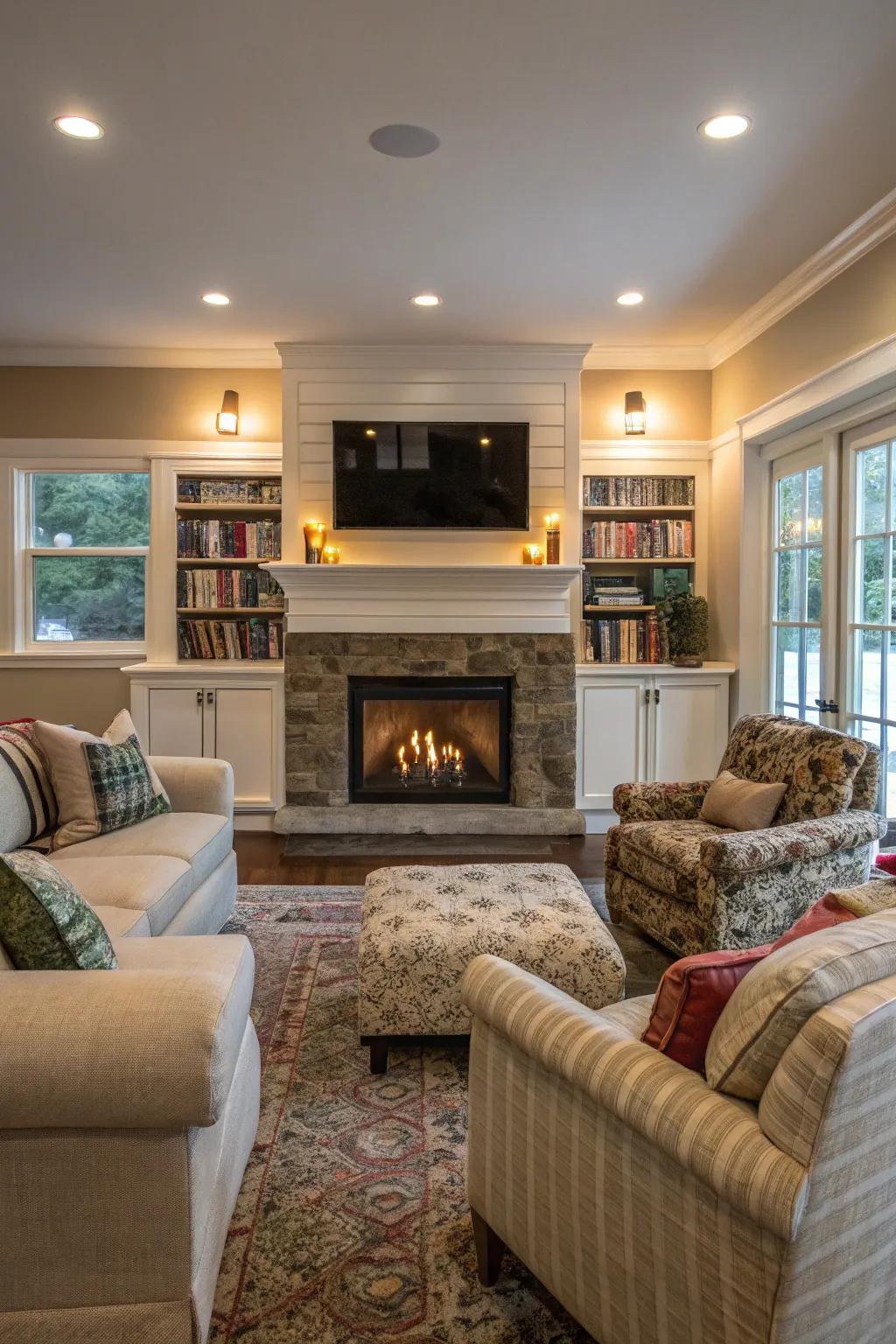 A relaxing seating arrangement facing a fireplace with a TV above.