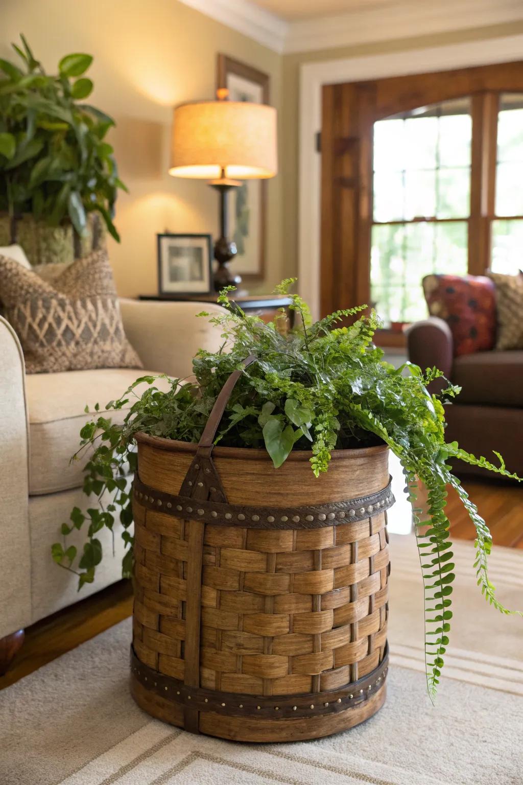 Fishing baskets can serve as charming, whimsical planters.