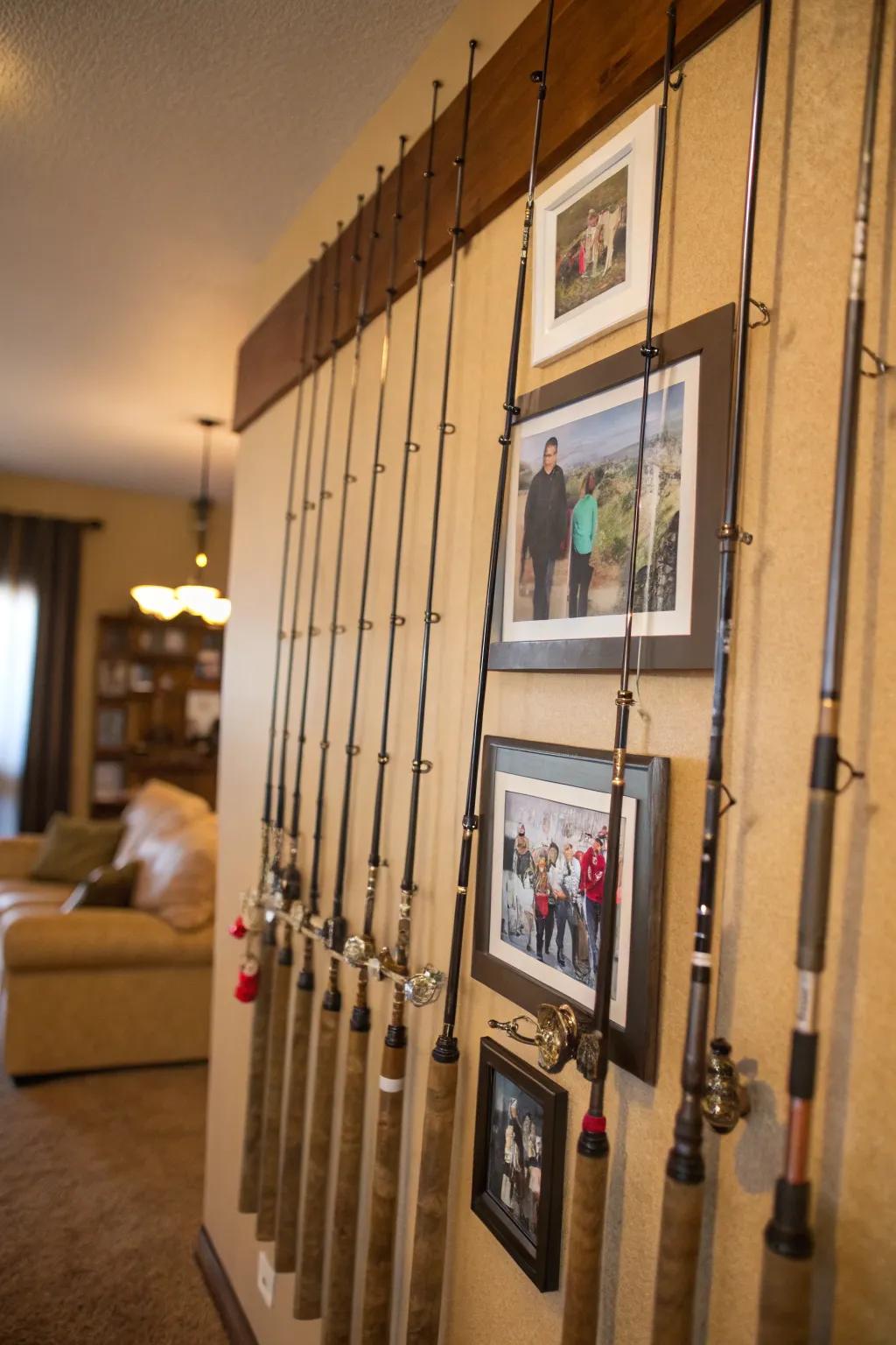 Angling tools employed as borders engender a personal and narrative display.