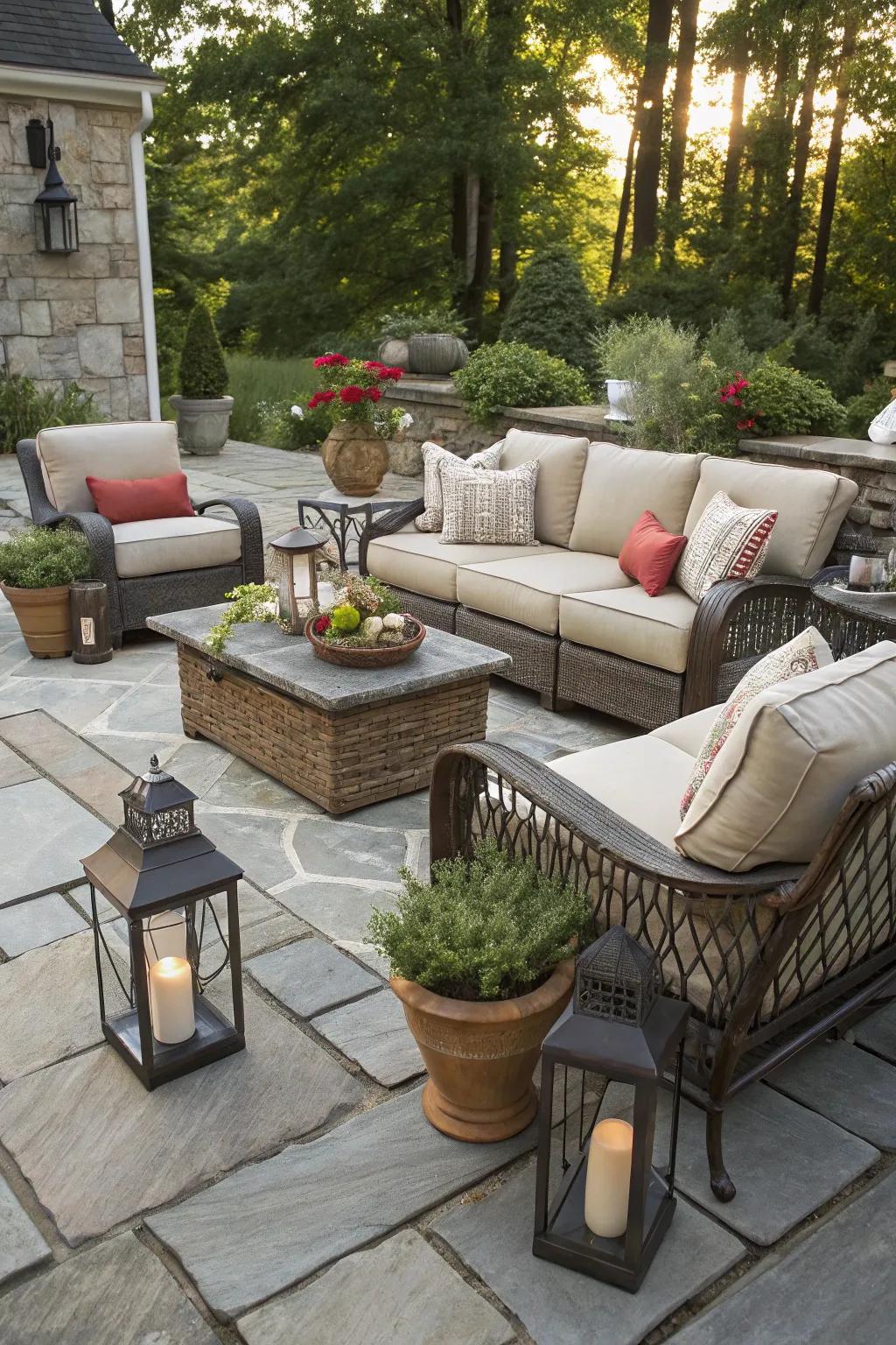 An inviting outdoor living room set on a flagstone patio.