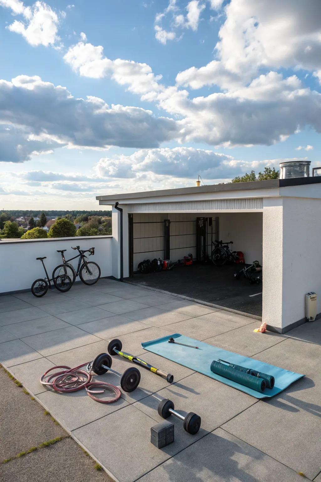 A fitness corner over a flat roof garage grants a distinctive and inspiring fitness area.