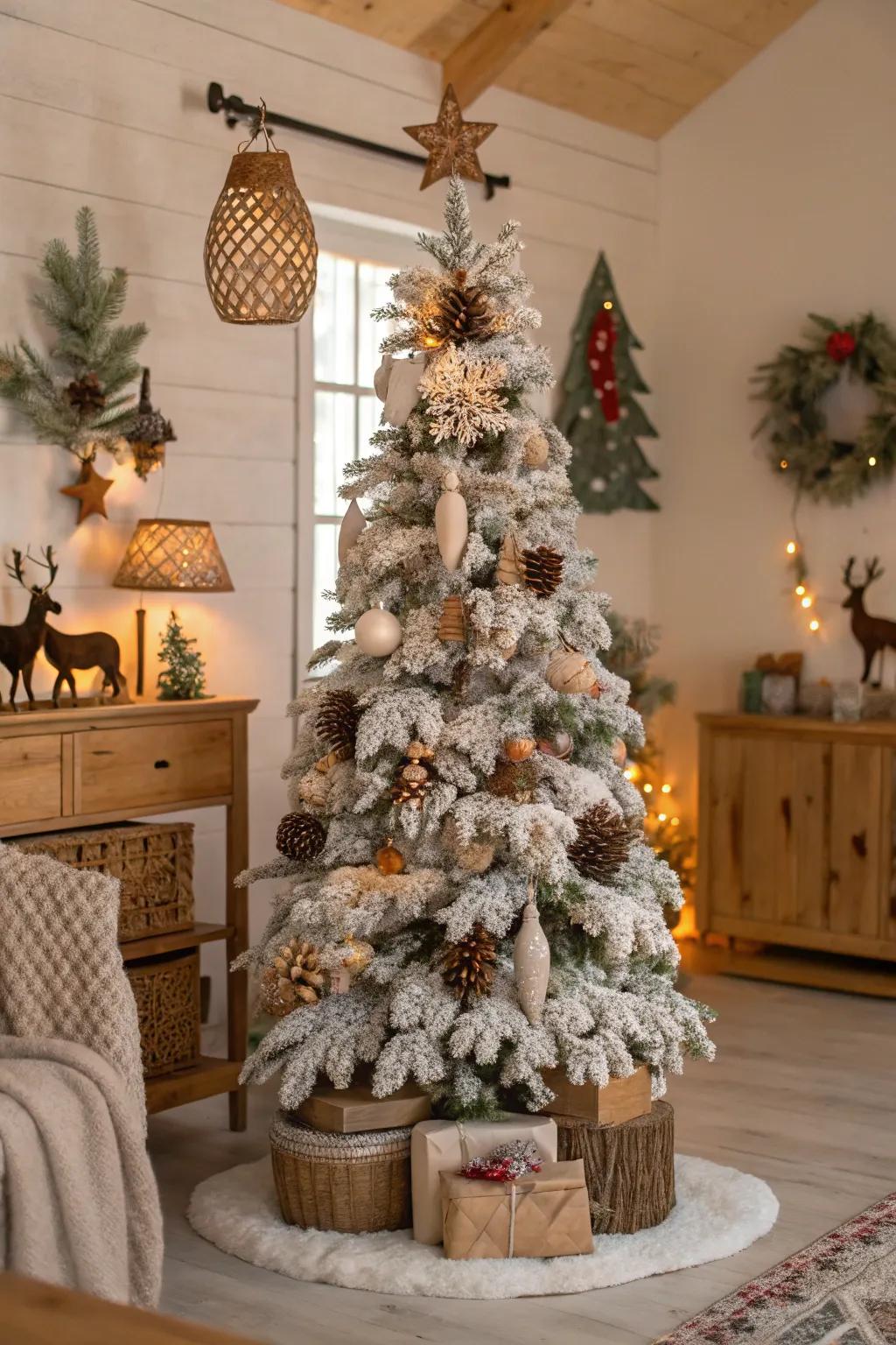 A quaint woodland-themed flocked Christmas tree.