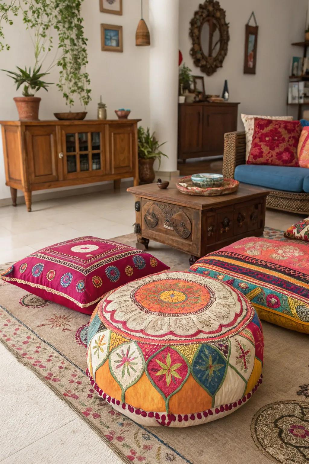 Cultural elements infuse global charm into your floor seating arrangement.