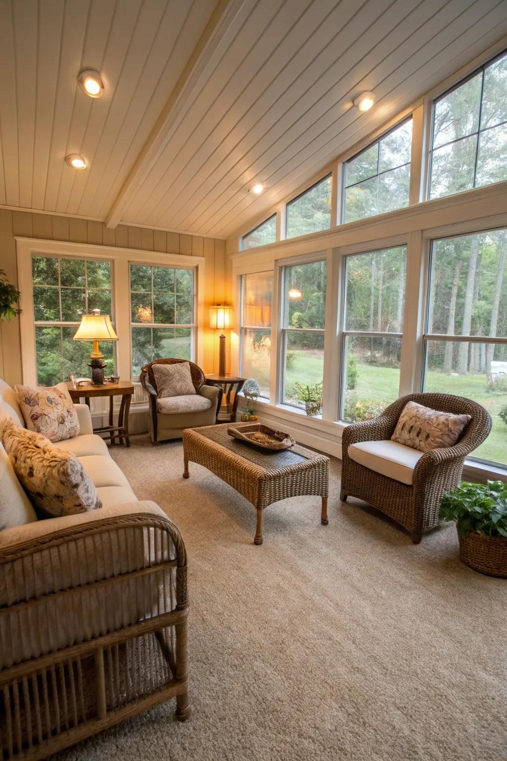 A snug sunroom featuring carpet flooring.