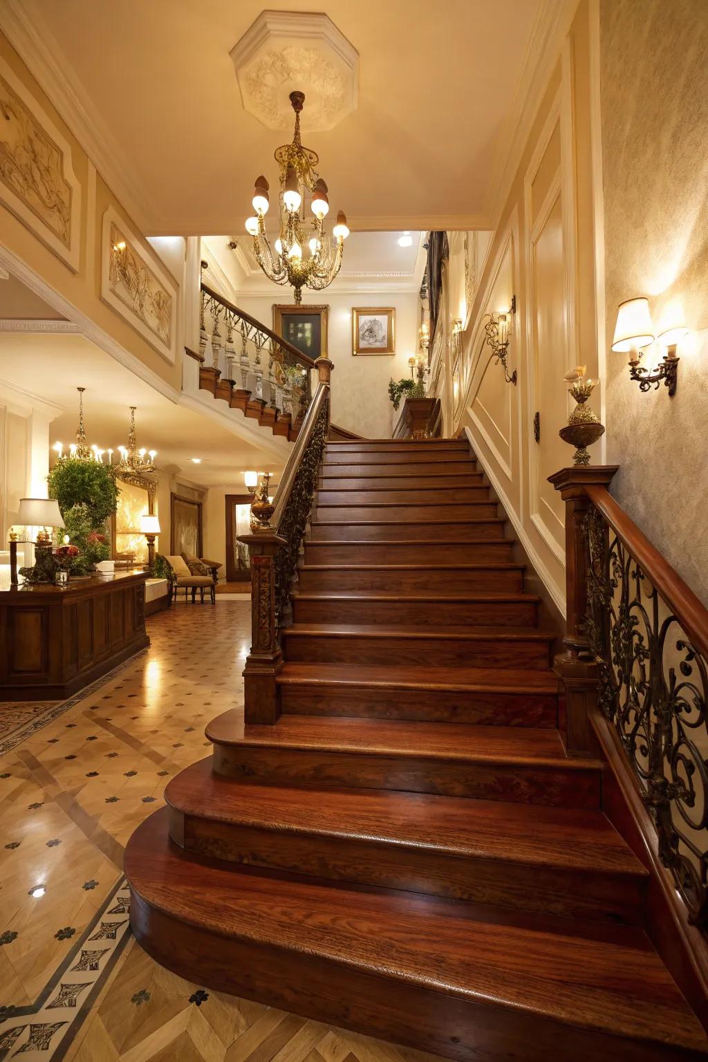 Hued timber staircases radiate sophistication through their deep, vibrant tints.