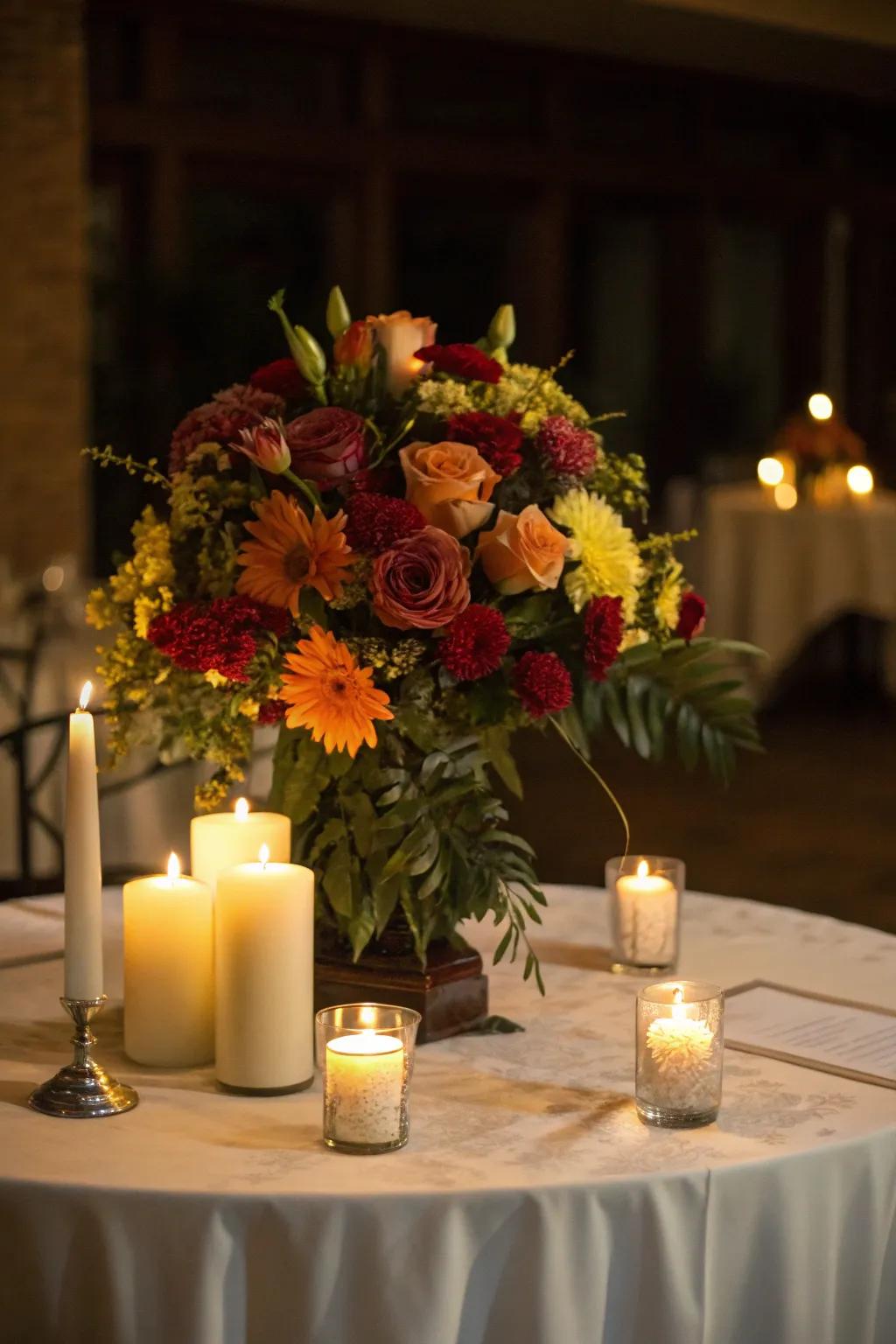 A floral centerpiece with candles on a dimly lit table.