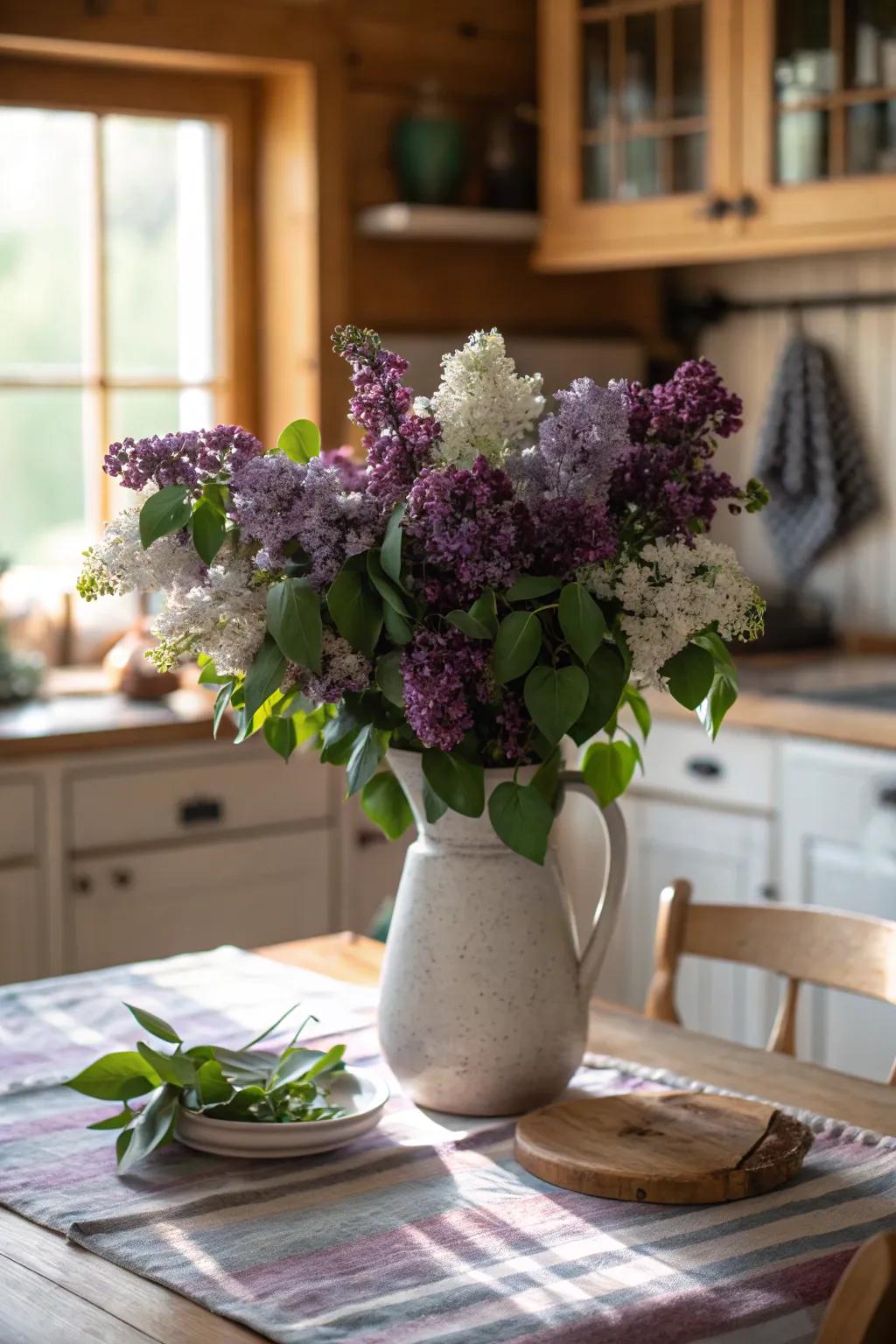 A fragrant centerpiece created by lilac & eucalyptus branches.