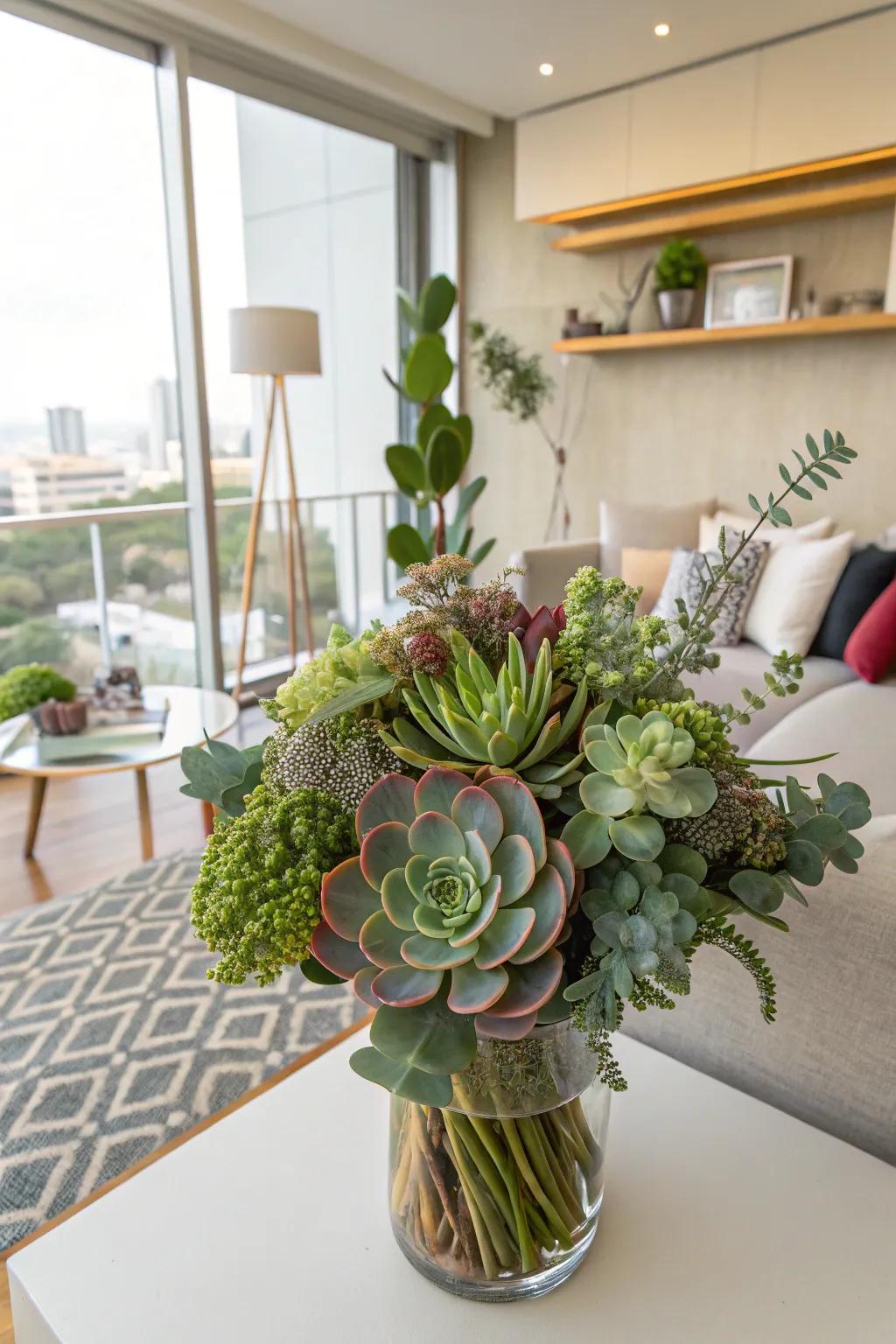 A modern bouquet showcasing succulents and greenery for a revitalizing birthday present.