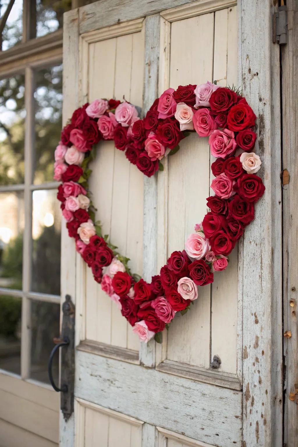 A romantic allure emanates from a heart-shaped rose wreath.