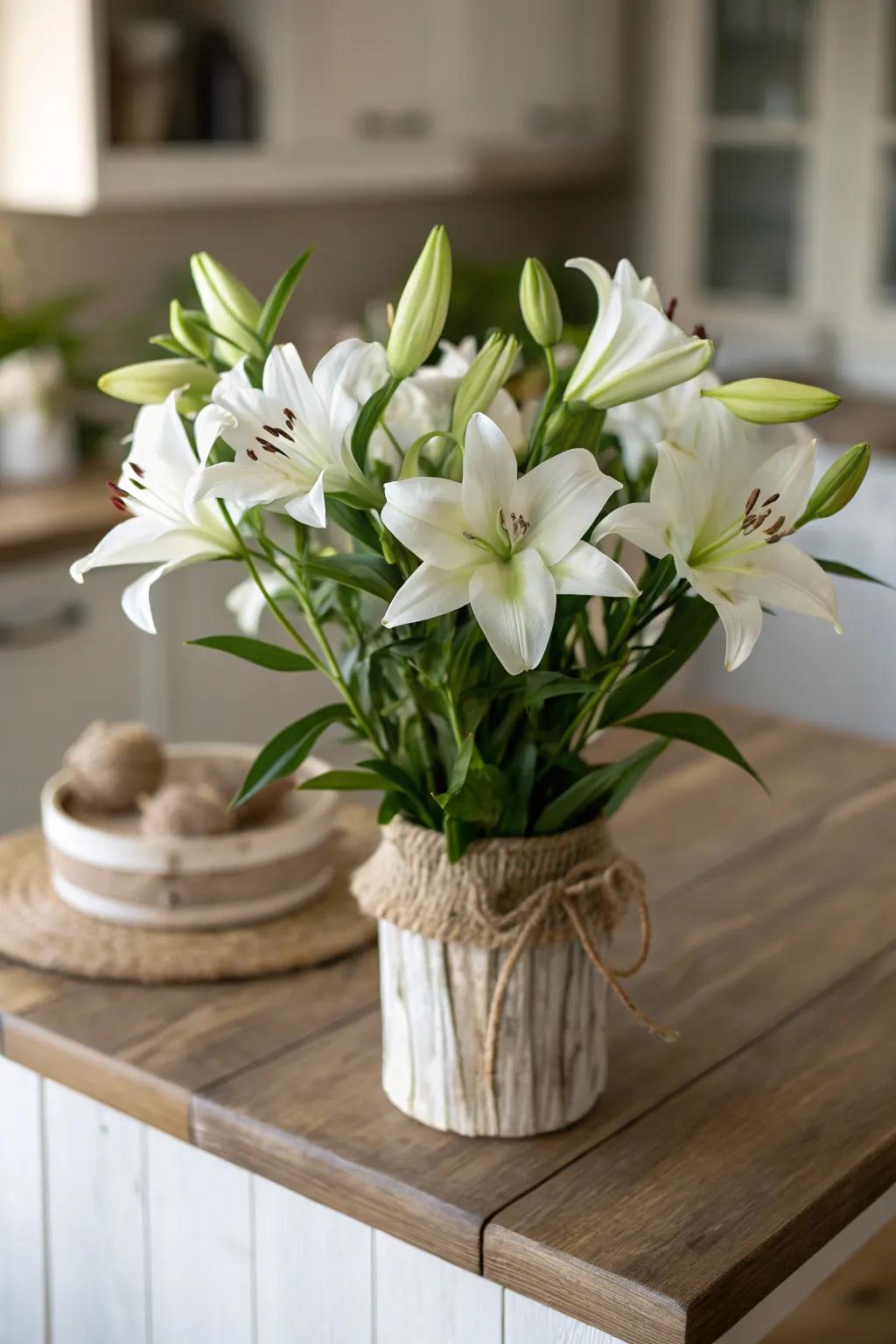 Ivory lilies imparting country-style allure inside the culinary space.