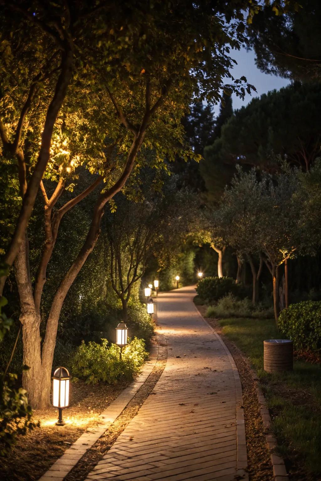 Discreet illumination transforming the garden into a captivating night-time space.