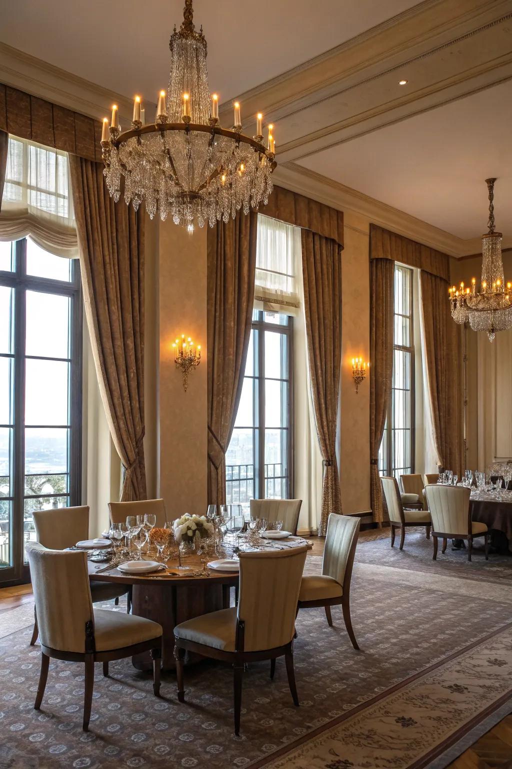 Floor-to-ceiling curtains add grandeur to this dining room.