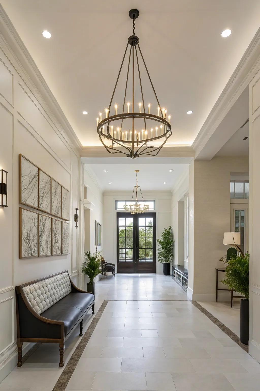 A rectilinear suspension lamp enhances the minimalist aesthetic of this foyer.