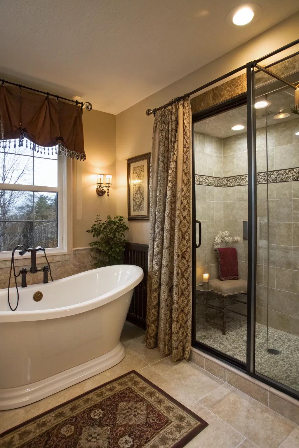 A cozy bathroom featuring privacy solutions like curtains and glass doors.