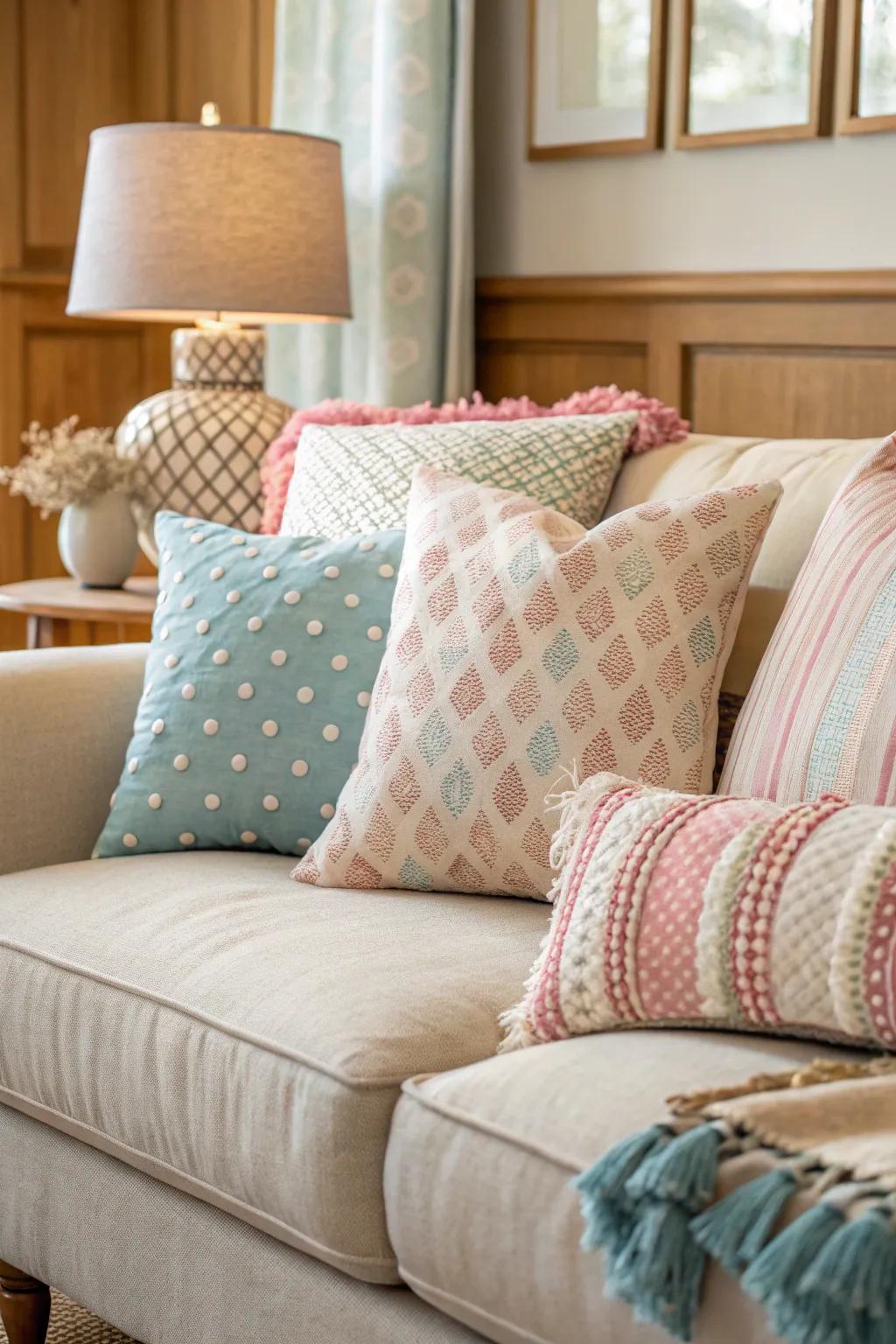 A sofa decorated with various textured and patterned cushions.