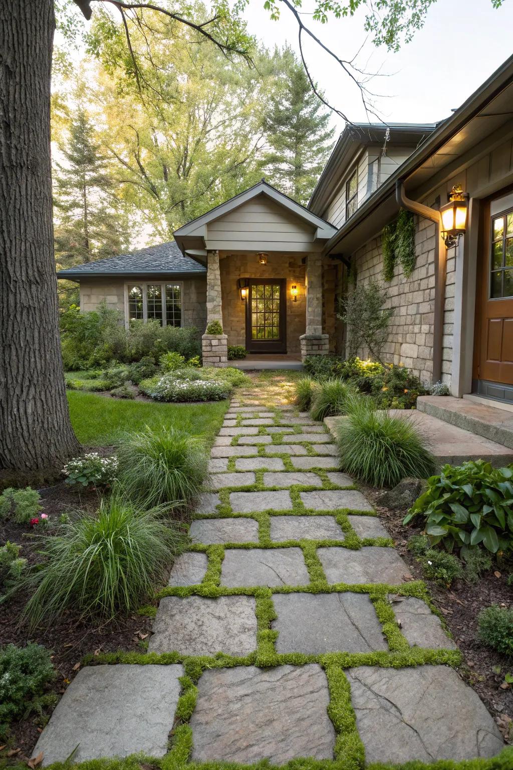 Vegetation incorporated with pavers for a fresh entrance.