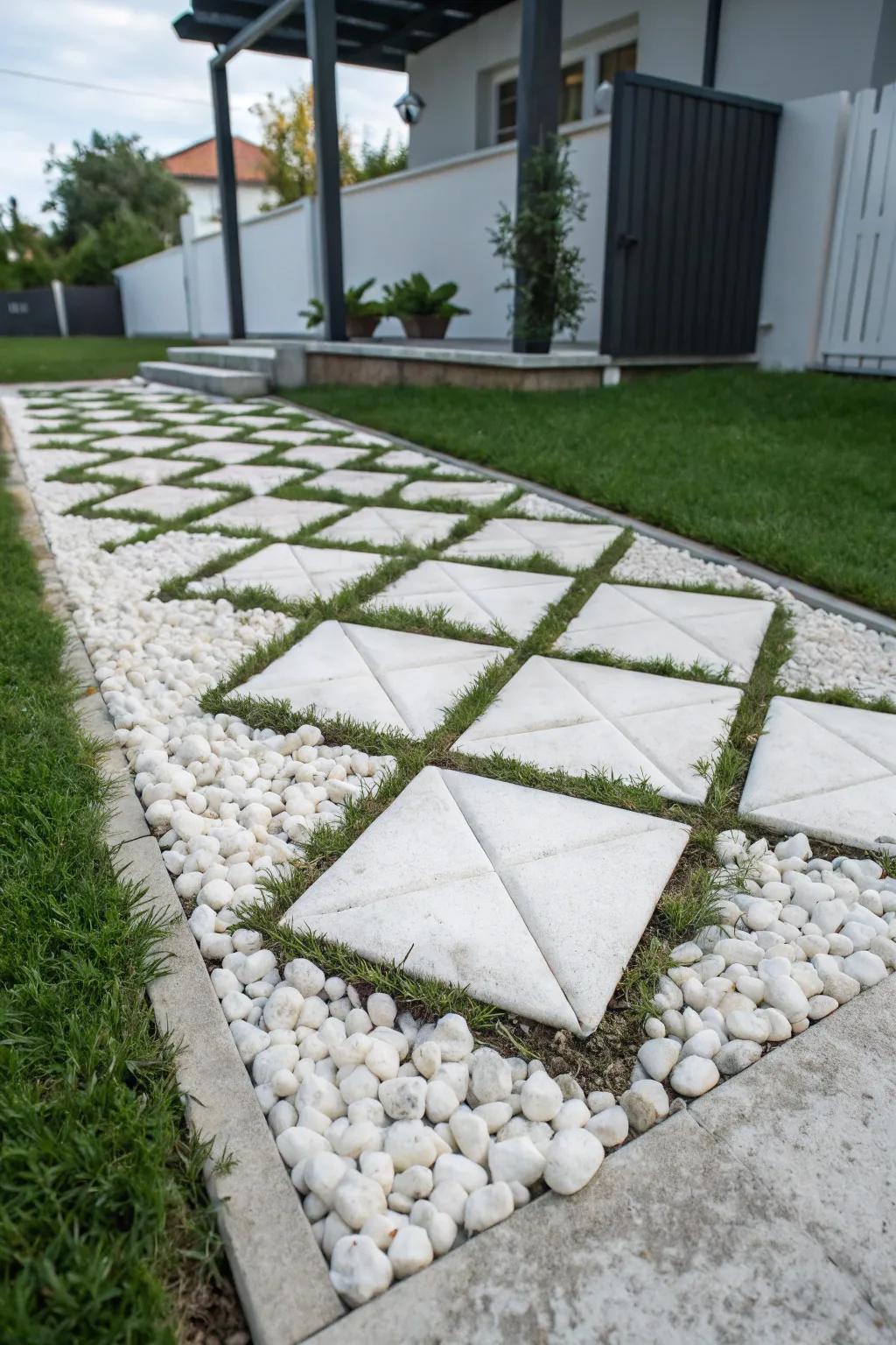 Geometric designs using ivory stones add a modern touch.