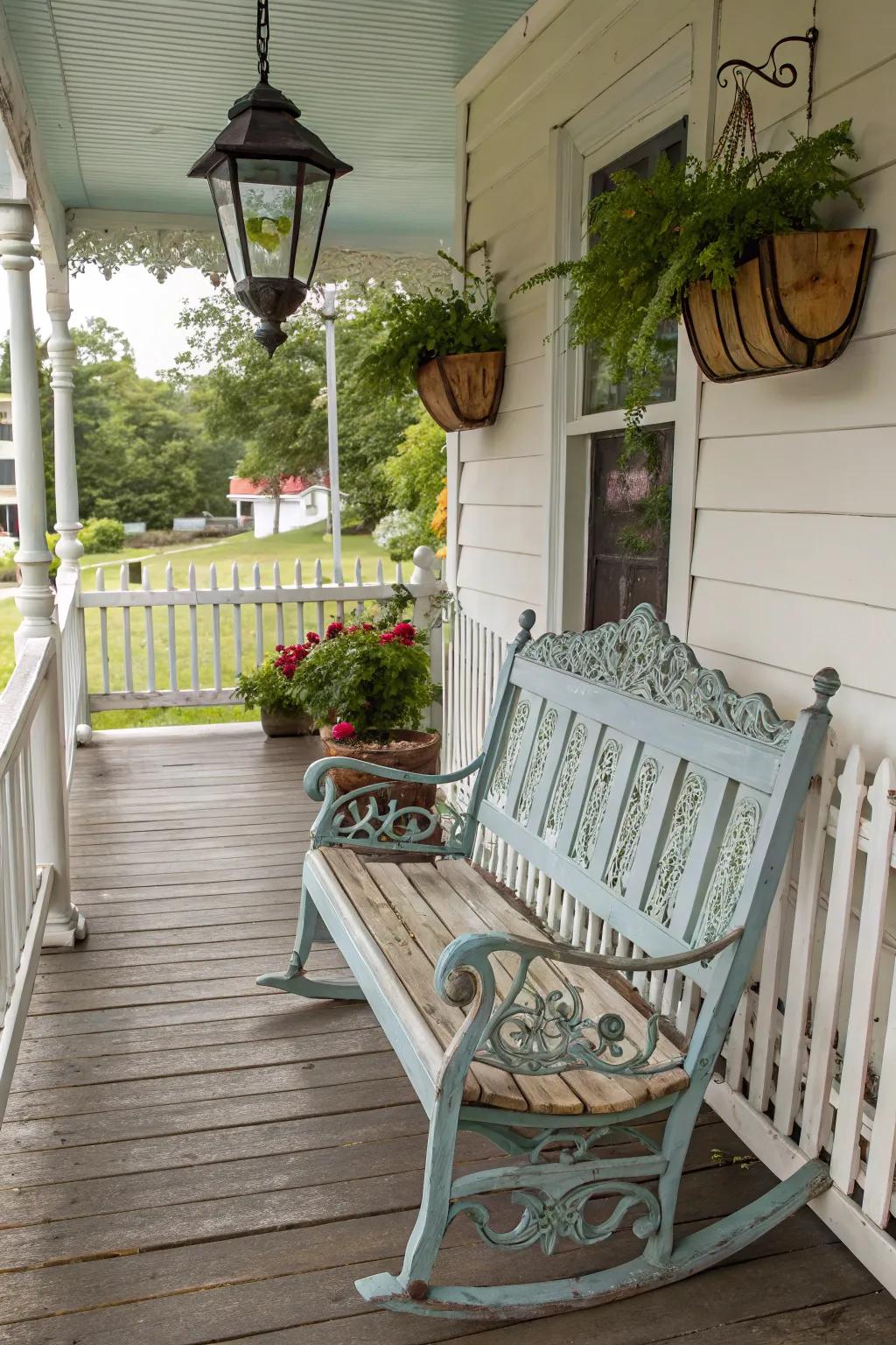 A rocking bench offers both comfort and a touch of remembrance.
