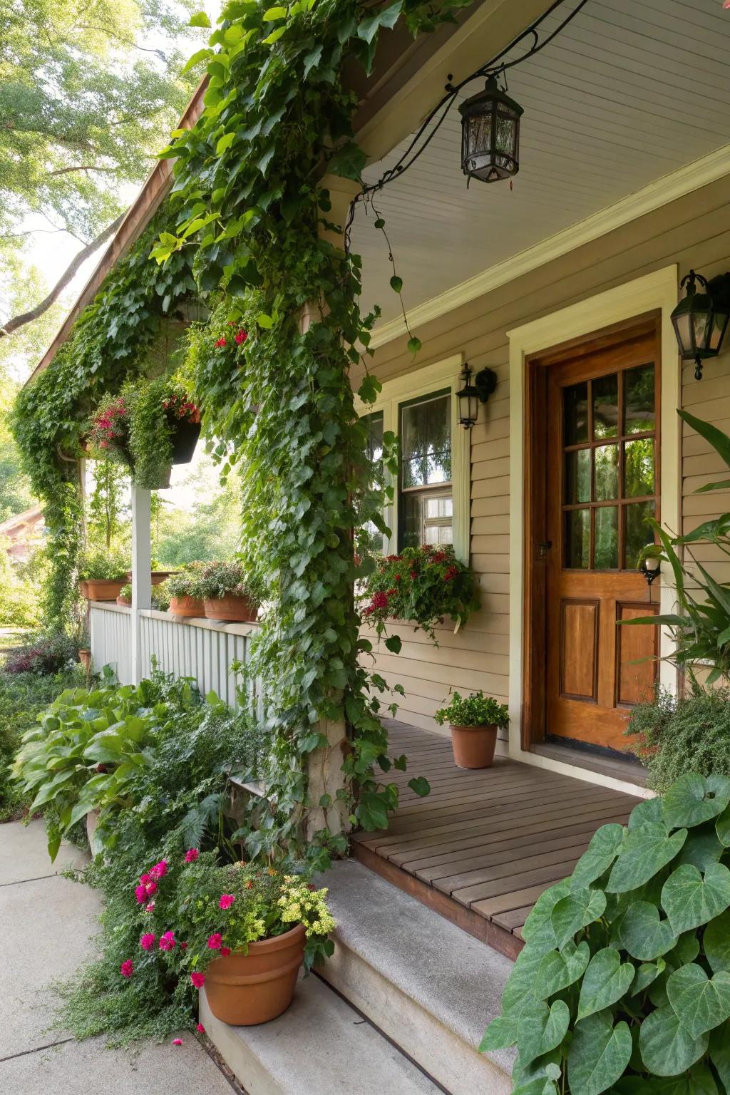 A verdant porch is a refreshing oasis, teeming with life and color.