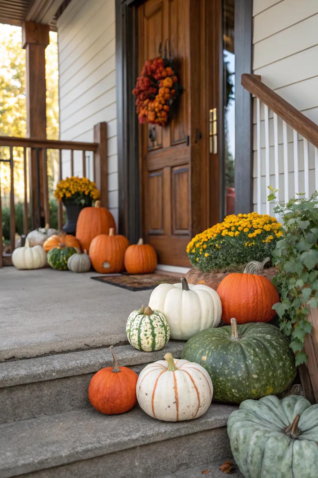 Genuine and simulated pumpkins merge to create a sturdy, long-lasting exhibit.