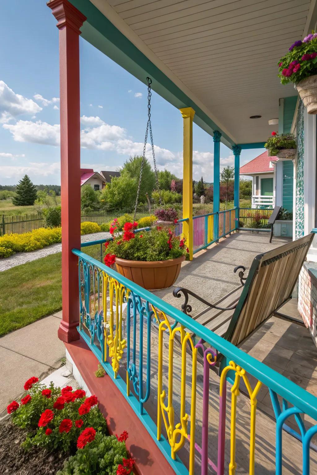 Brightly colored metal railings adding a lively touch to the porch.