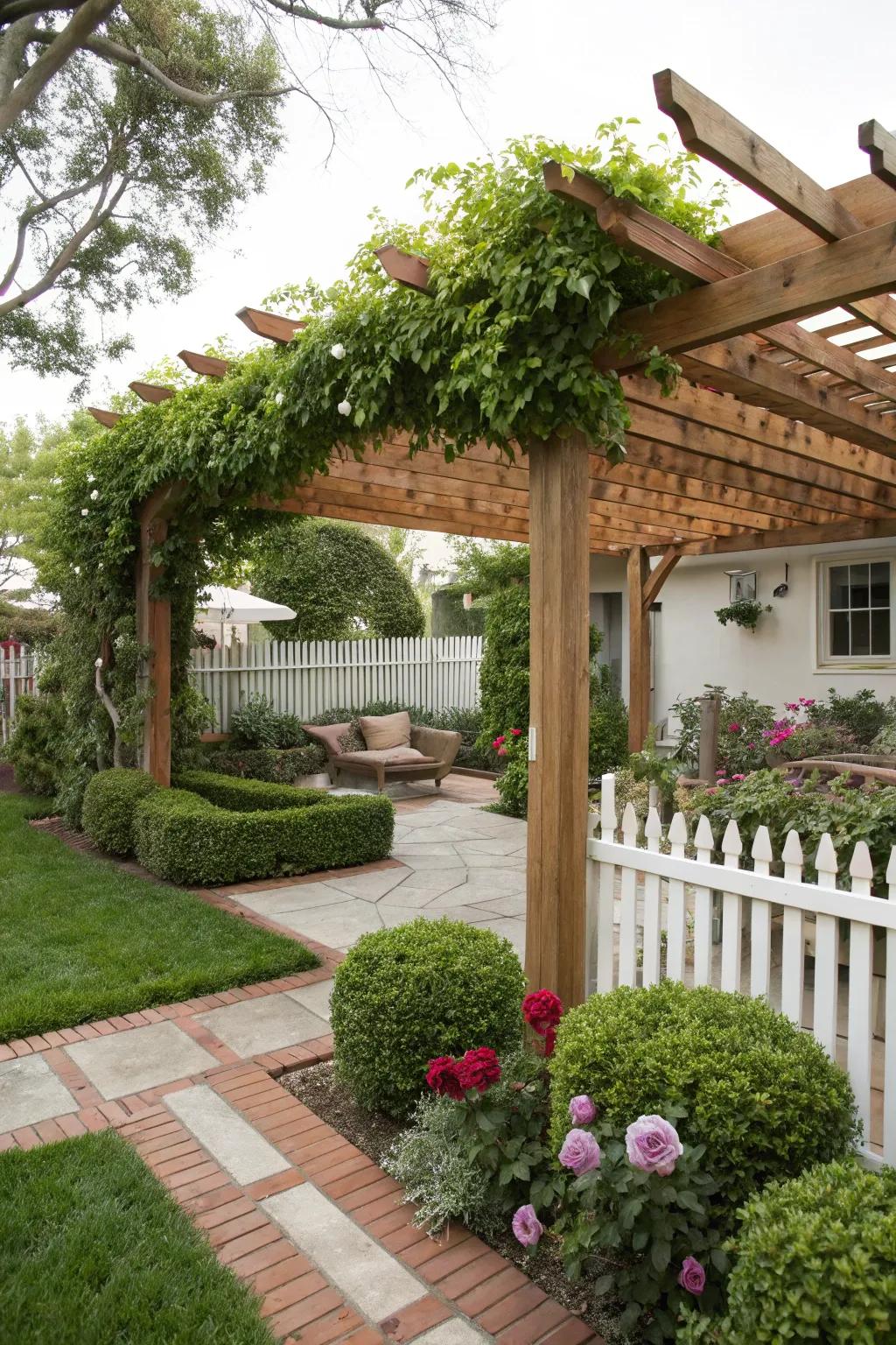 An arbor contributes vertical fascination and sustains lush vegetation.