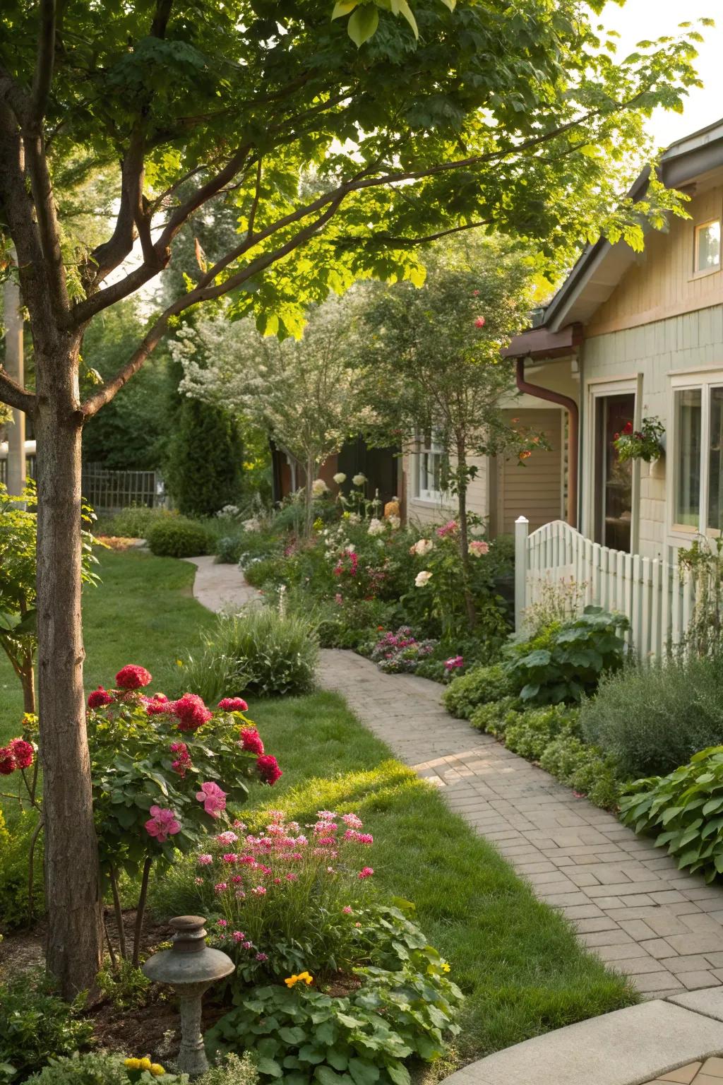 Trees and small plants compose a layered and animated landscape.