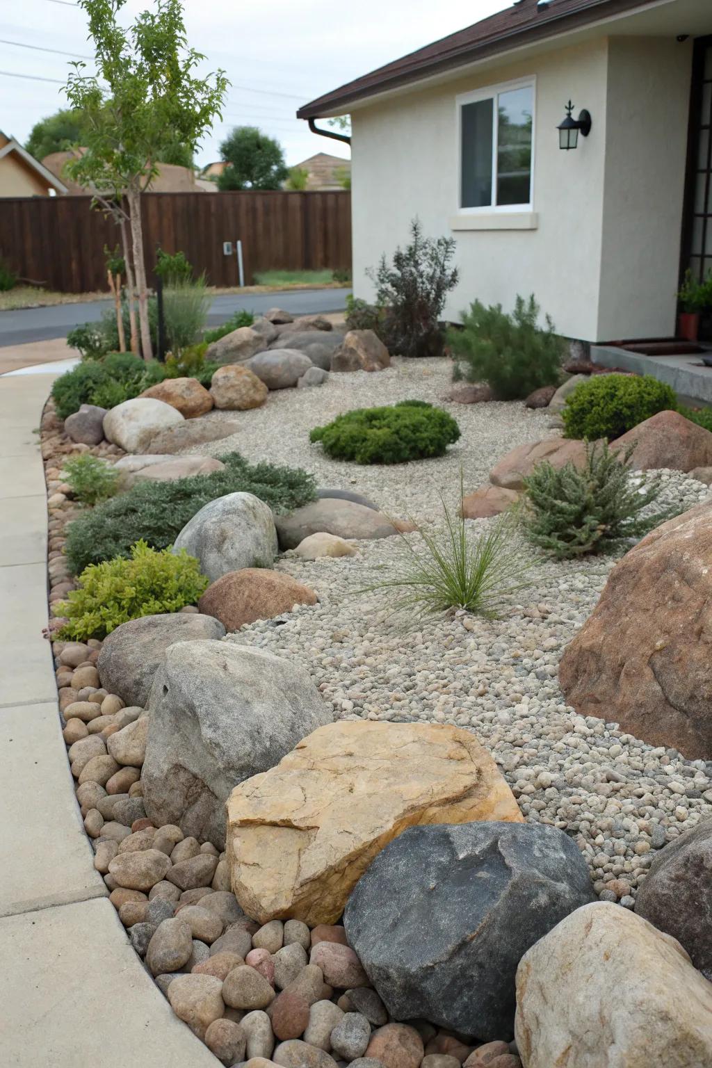 A stone garden featuring opposing surfaces with assorted stone dimensions and vegetation.