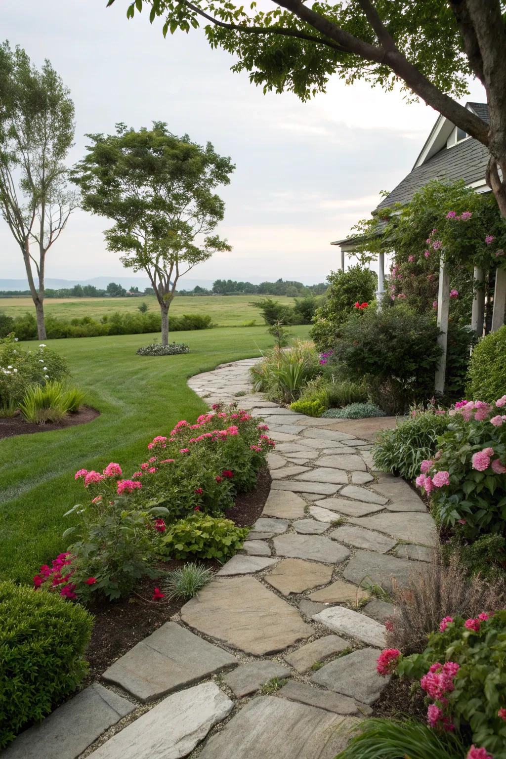Natural stone pathways provide a timeless appeal.