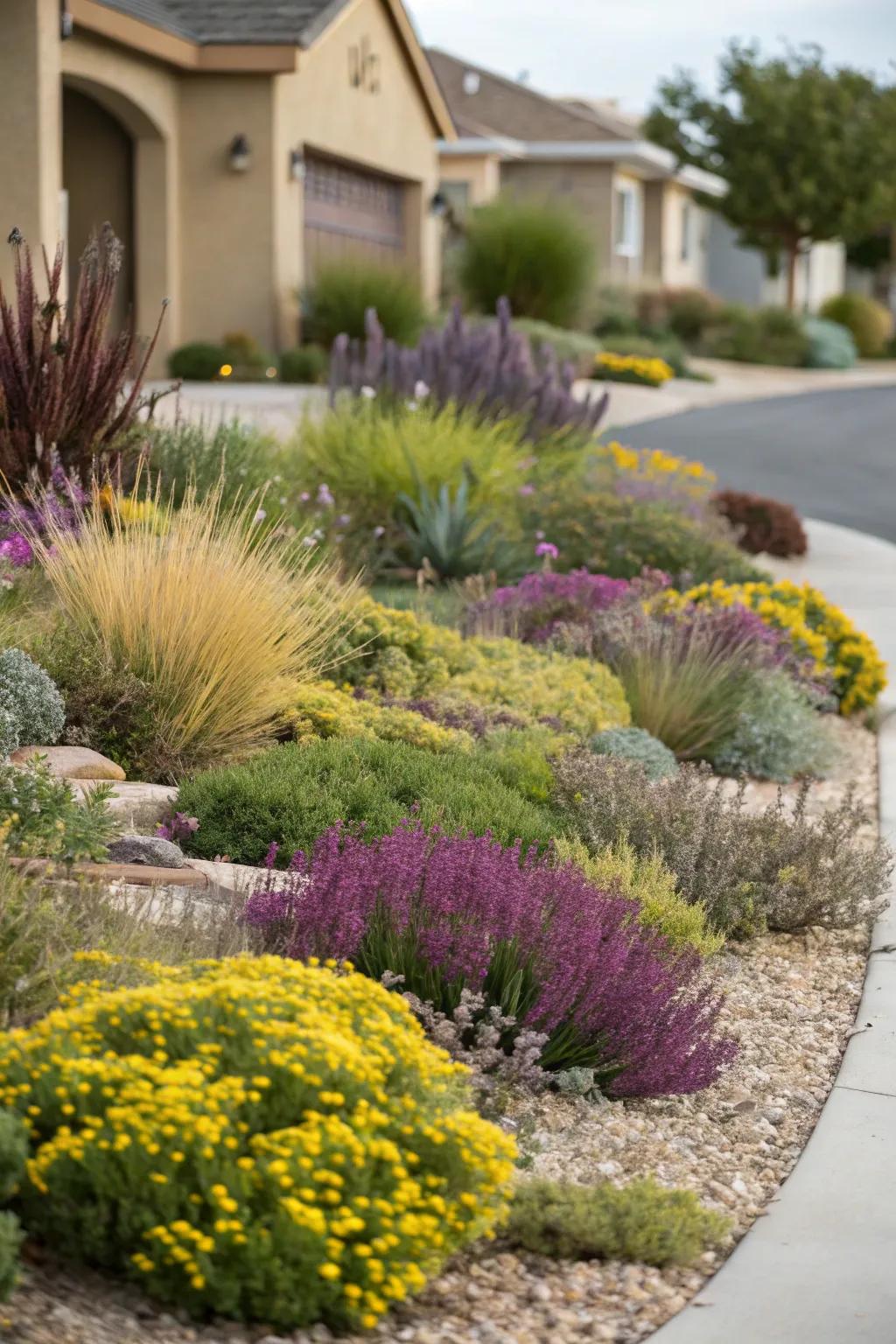Color contrast injects dynamism and visual interest into xeriscape layouts.