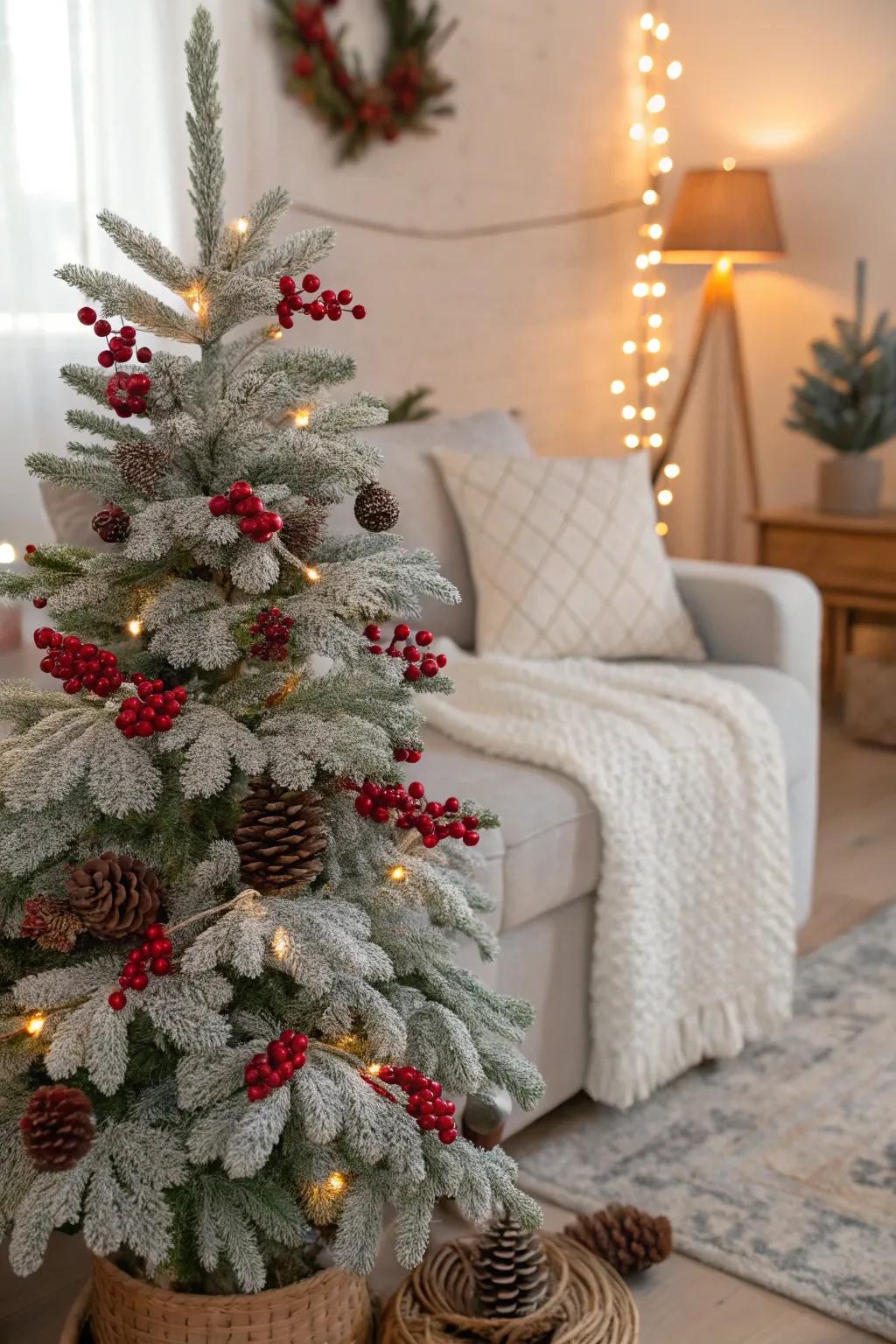 Scarlet berry accents contribute a vibrant touch to this nature-themed tree.