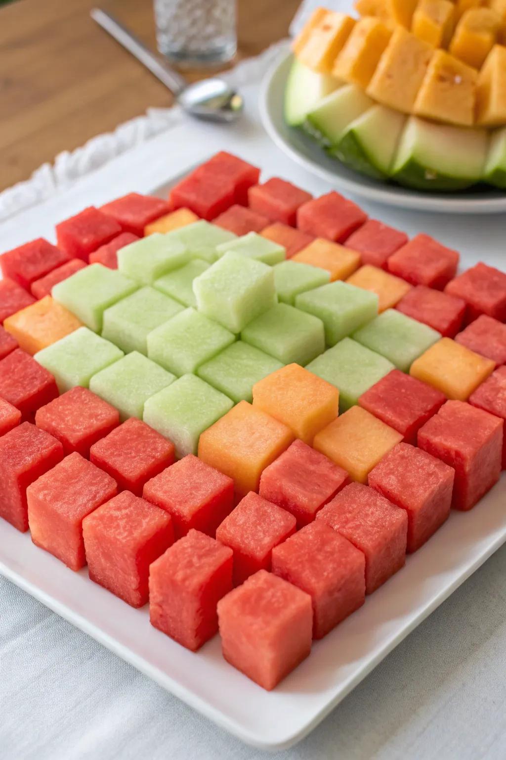 A contemporary symmetrical mosaic fruit presentation tailored for a modern table setting.