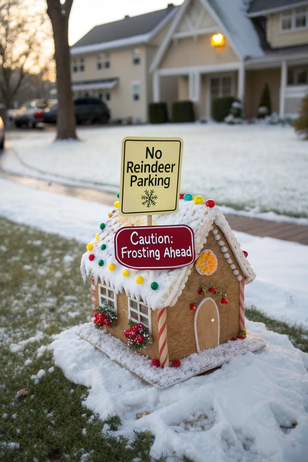 A gingerbread dwelling adorned with humorous placards