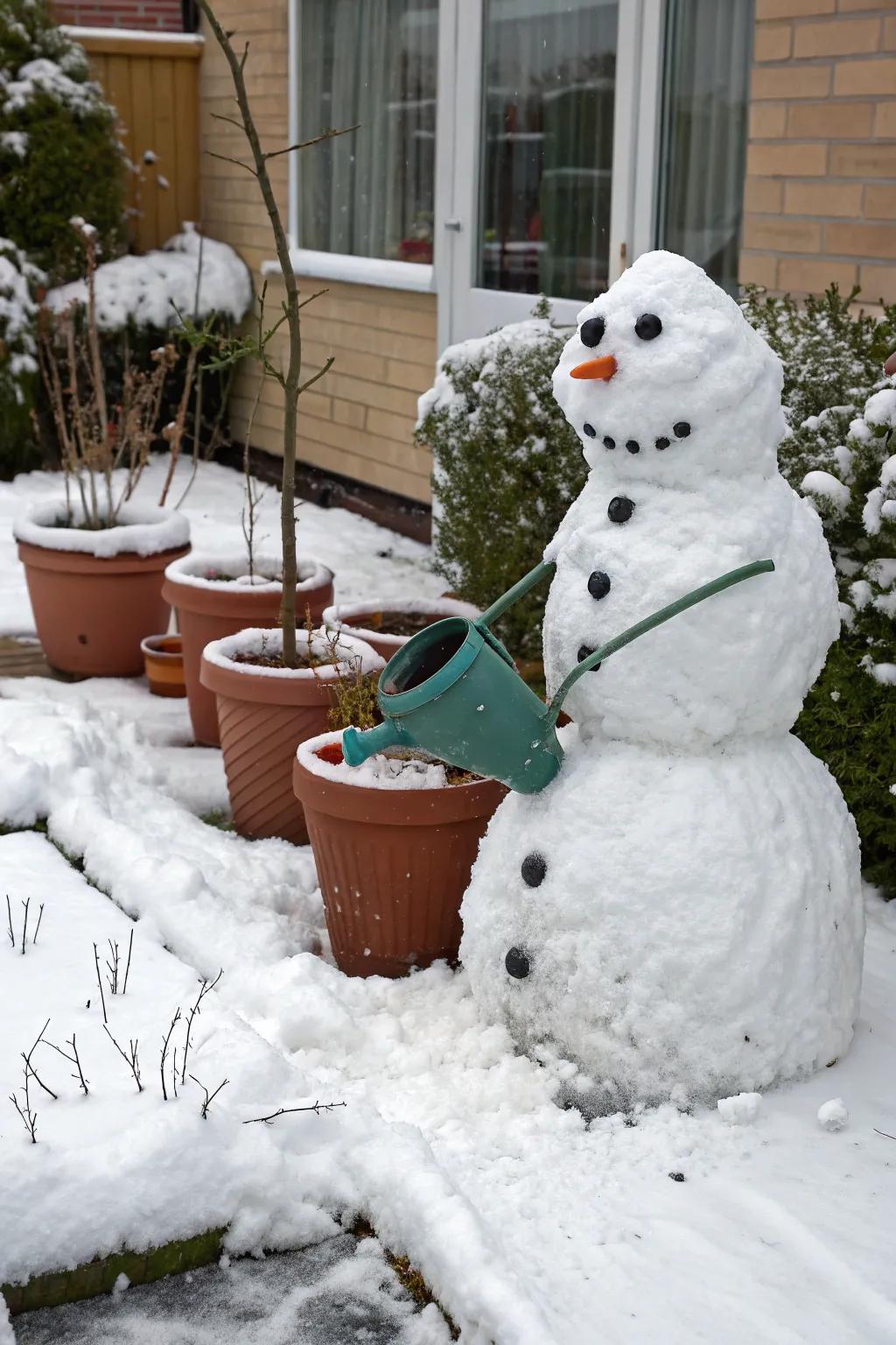 A snow figure horticulturist taking care of its winter garden.