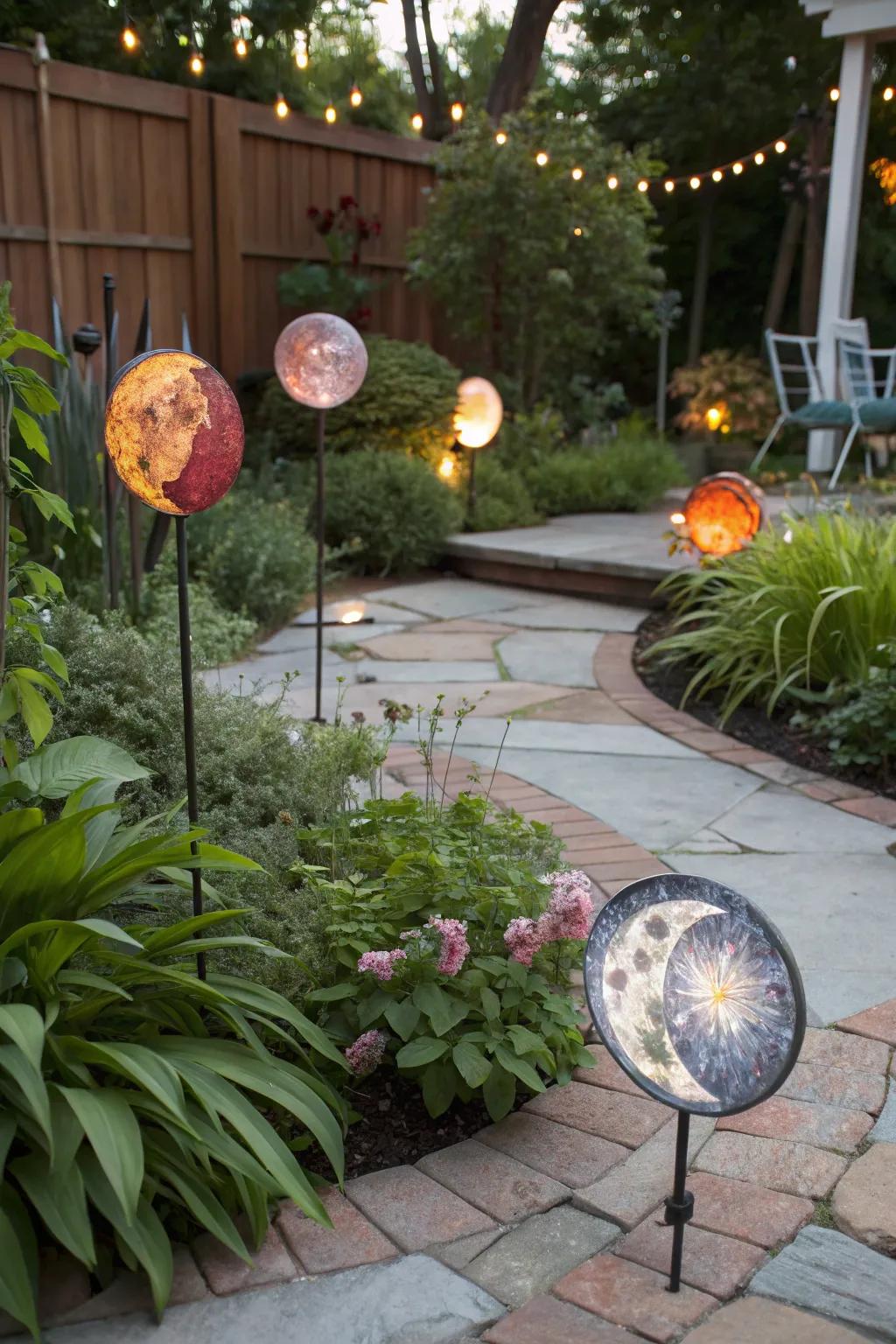 Lunar phase glass decorations adding a hint of enchantment to the night garden.