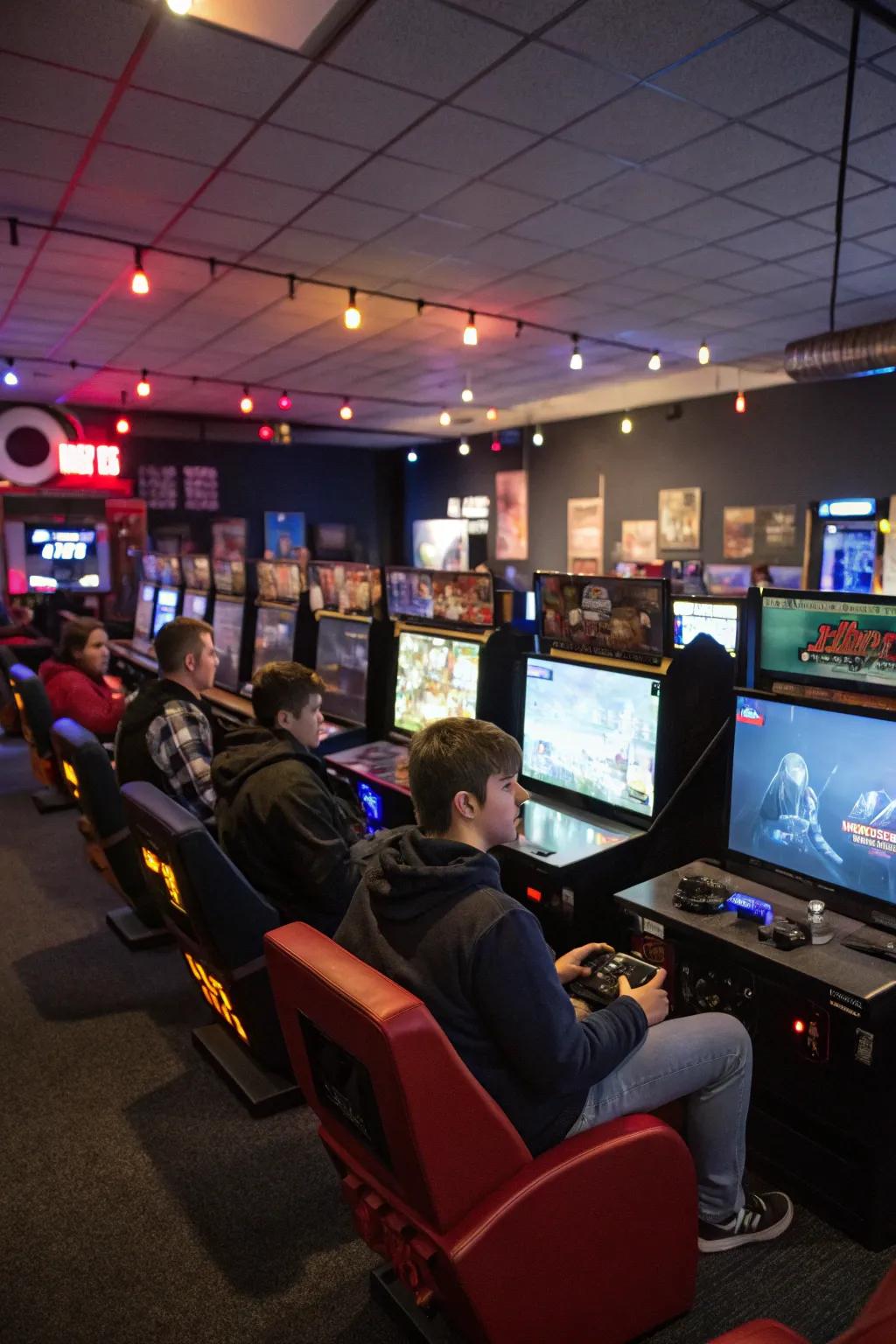 Multiple screens fashion an immersive gaming ambiance.