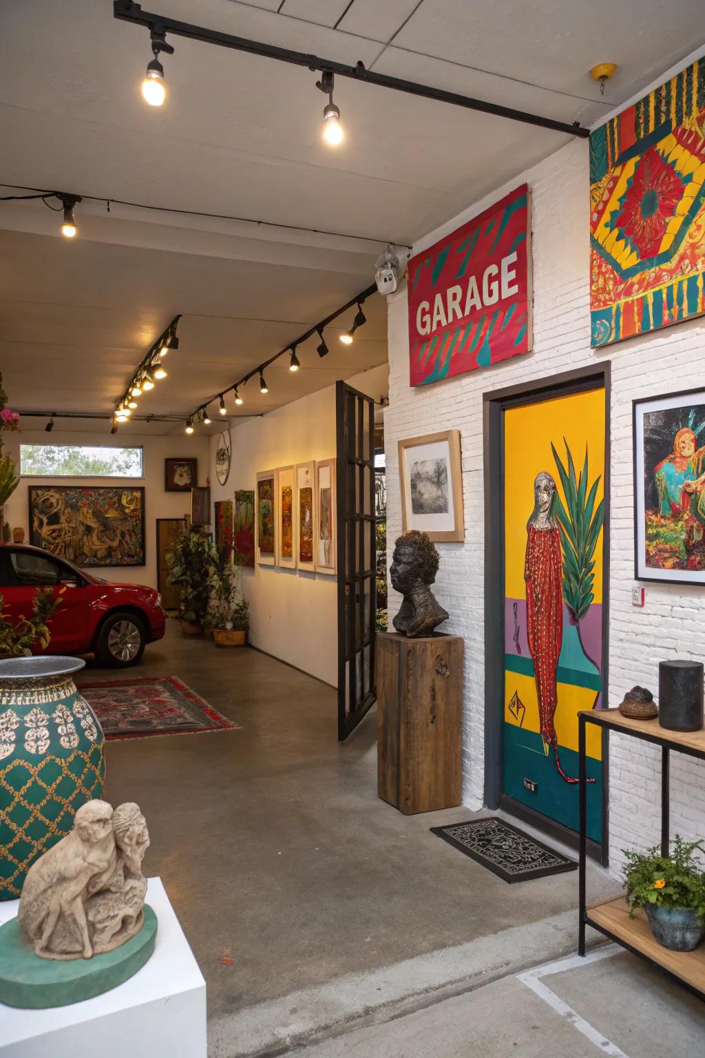 Artistic decor including paintings and sculptures inside a garage boutique.