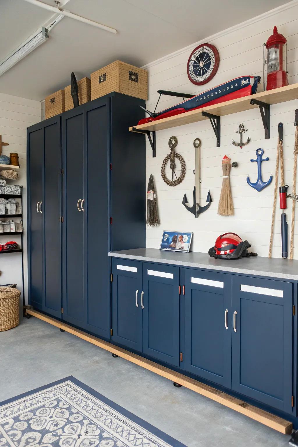 Ocean slate fixtures evoke seafaring charm in this garage.