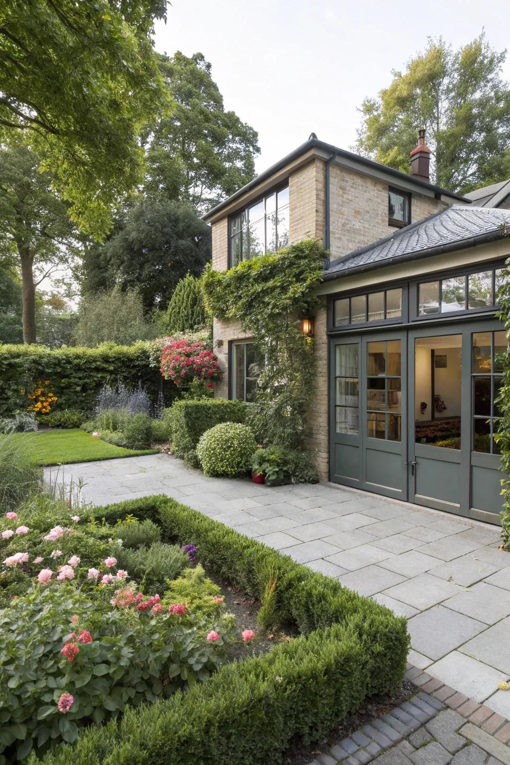 Thoughtful landscaping crafts a peaceful setting.