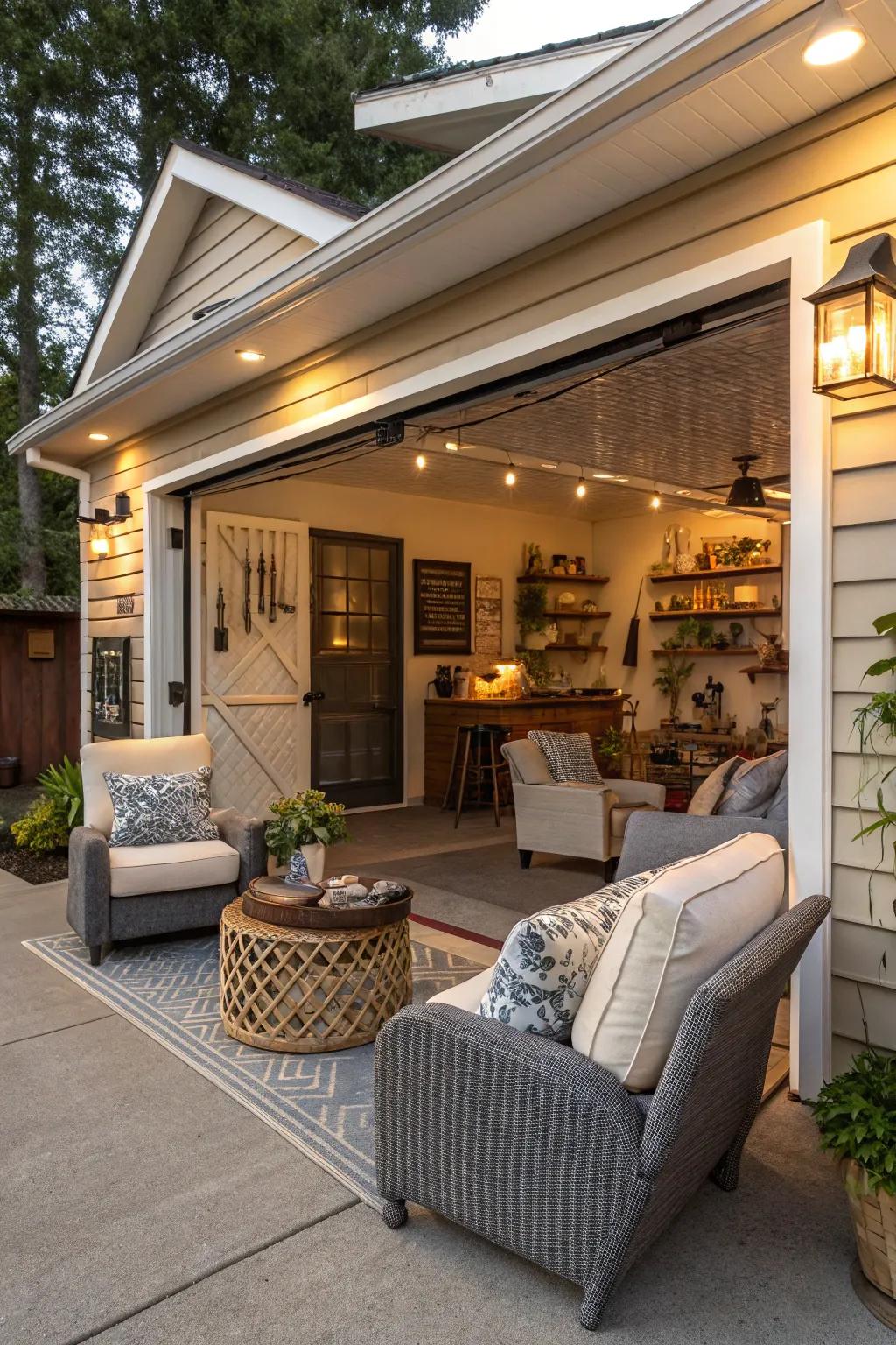 Transform your garage with an inviting relaxation zone for pure downtime.