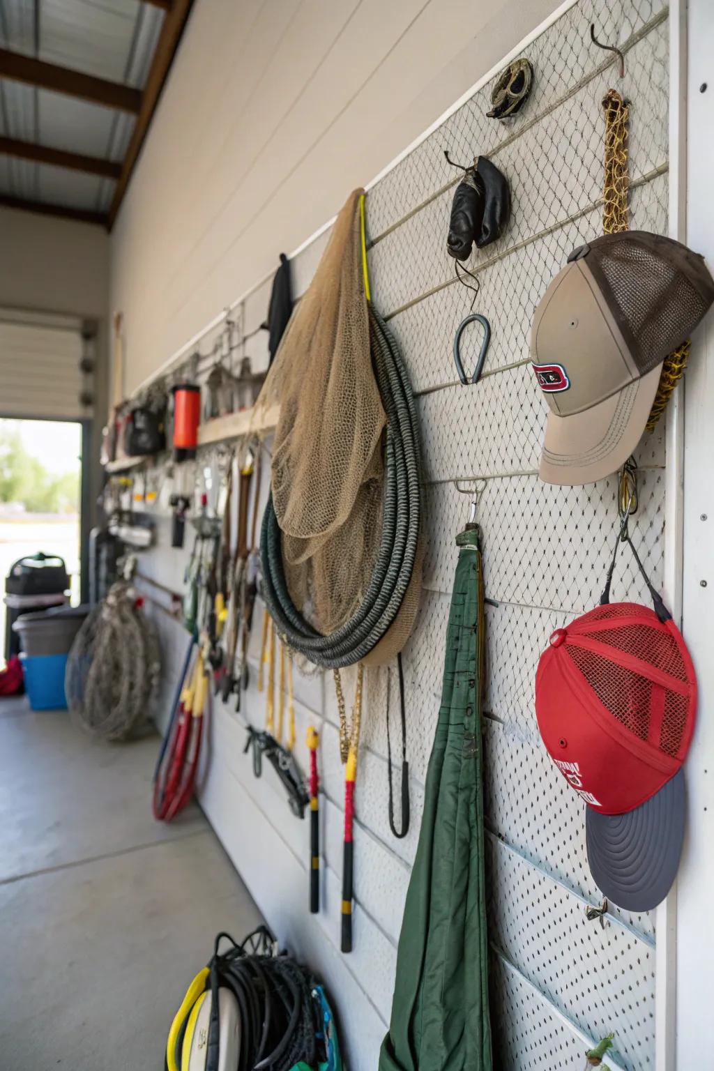 Hooks and clips offer many options for hanging fishing equipment.