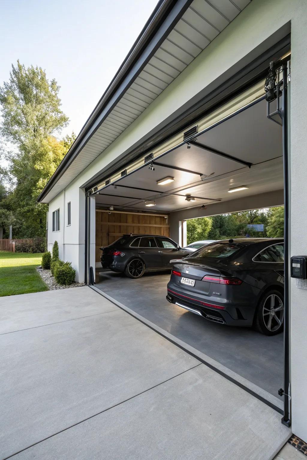 A functional car shelter expansion offers supplementary protected parking.