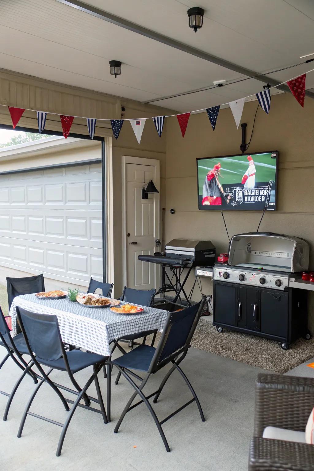 Bring the tailgate celebration home with a TV and grill arrangement in your garage.