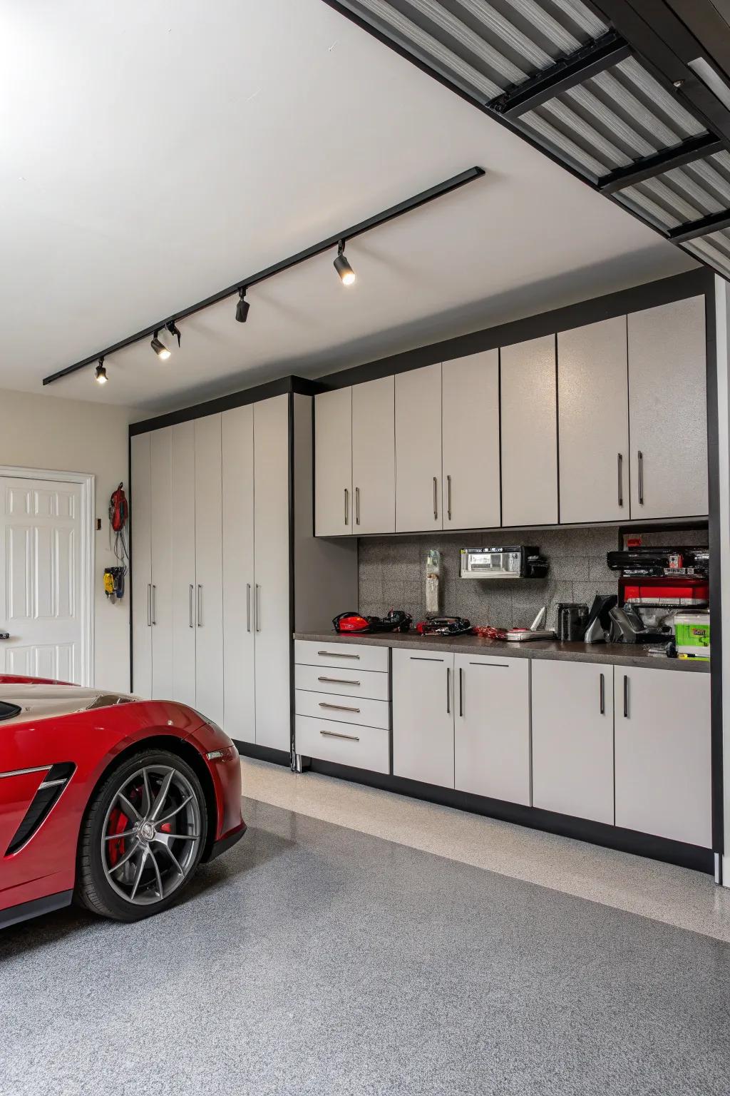 Custom cabinetry supports a polished and organized garage aesthetic.