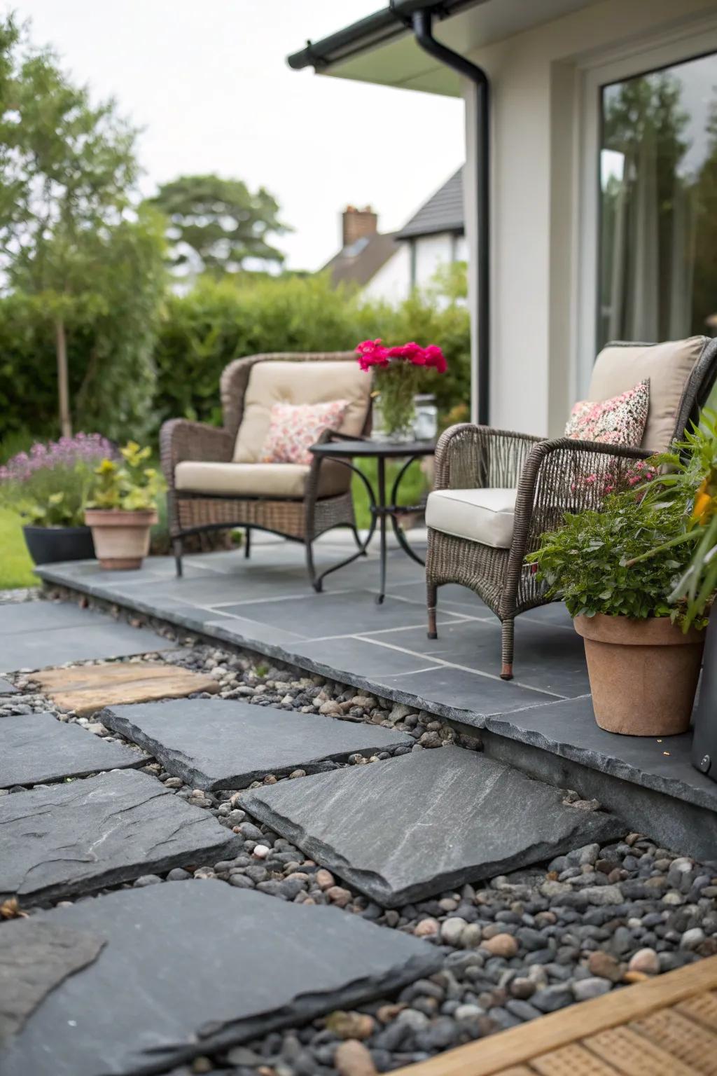 Unwind in style with a patio zone enhanced by sleek stone shards.