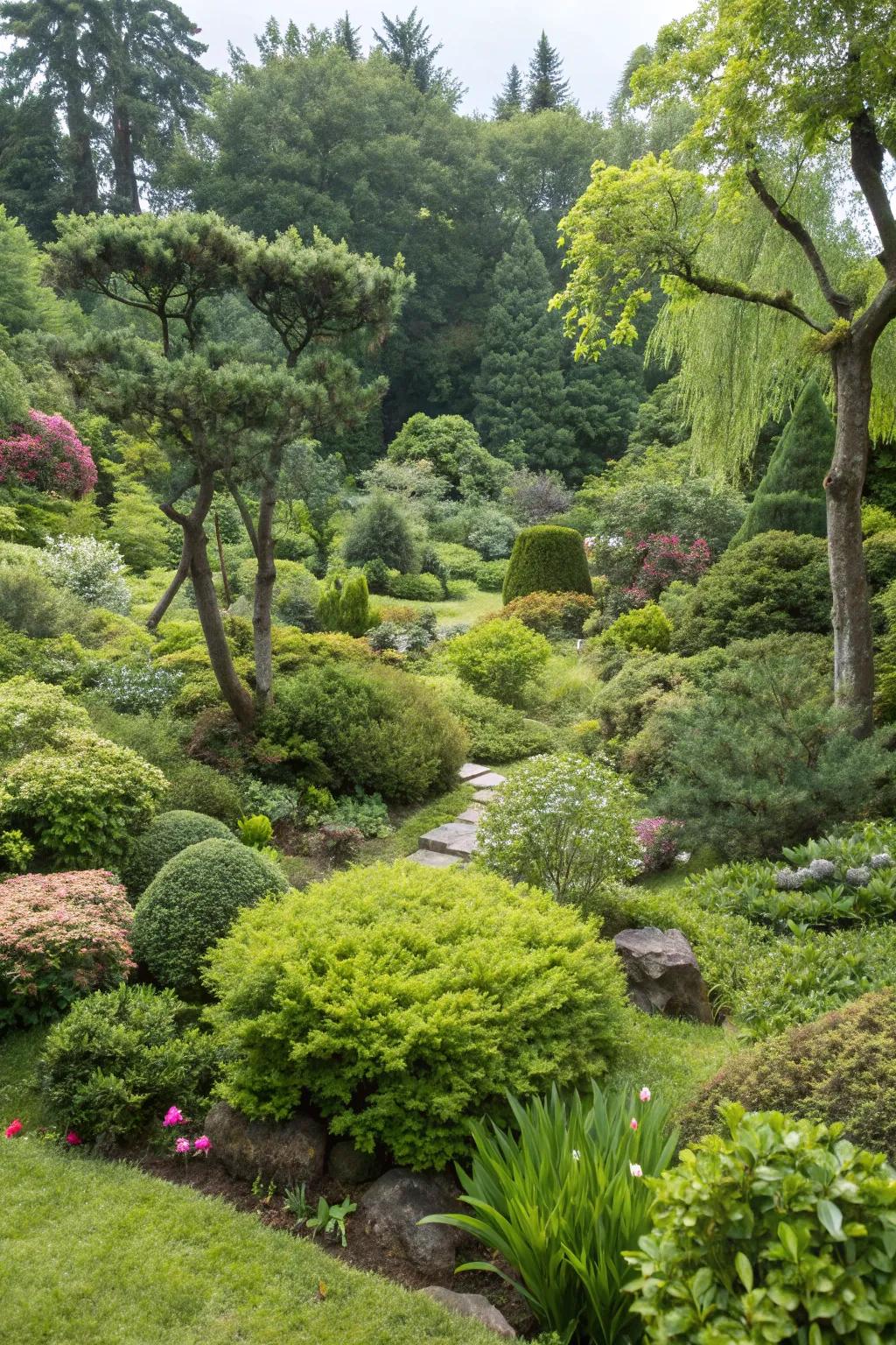 An inviting garden filled with rich greenery and a variety of plants and bushes.