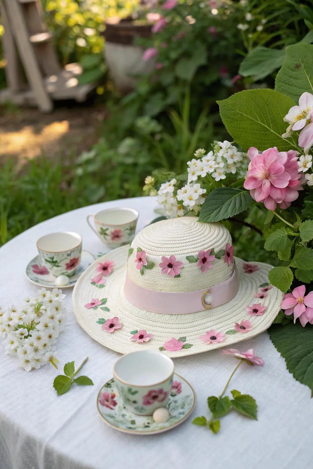 High tea keepsake hat for a whimsical tea party aesthetic.