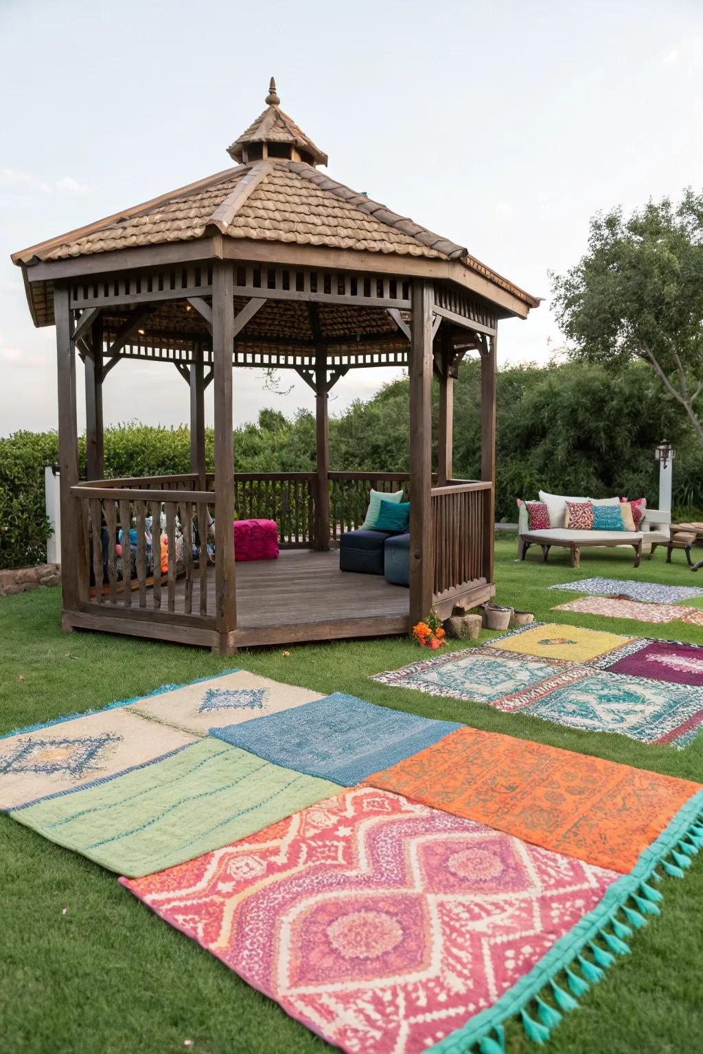 Exterior textiles introduce color and comfort without permanent changes.