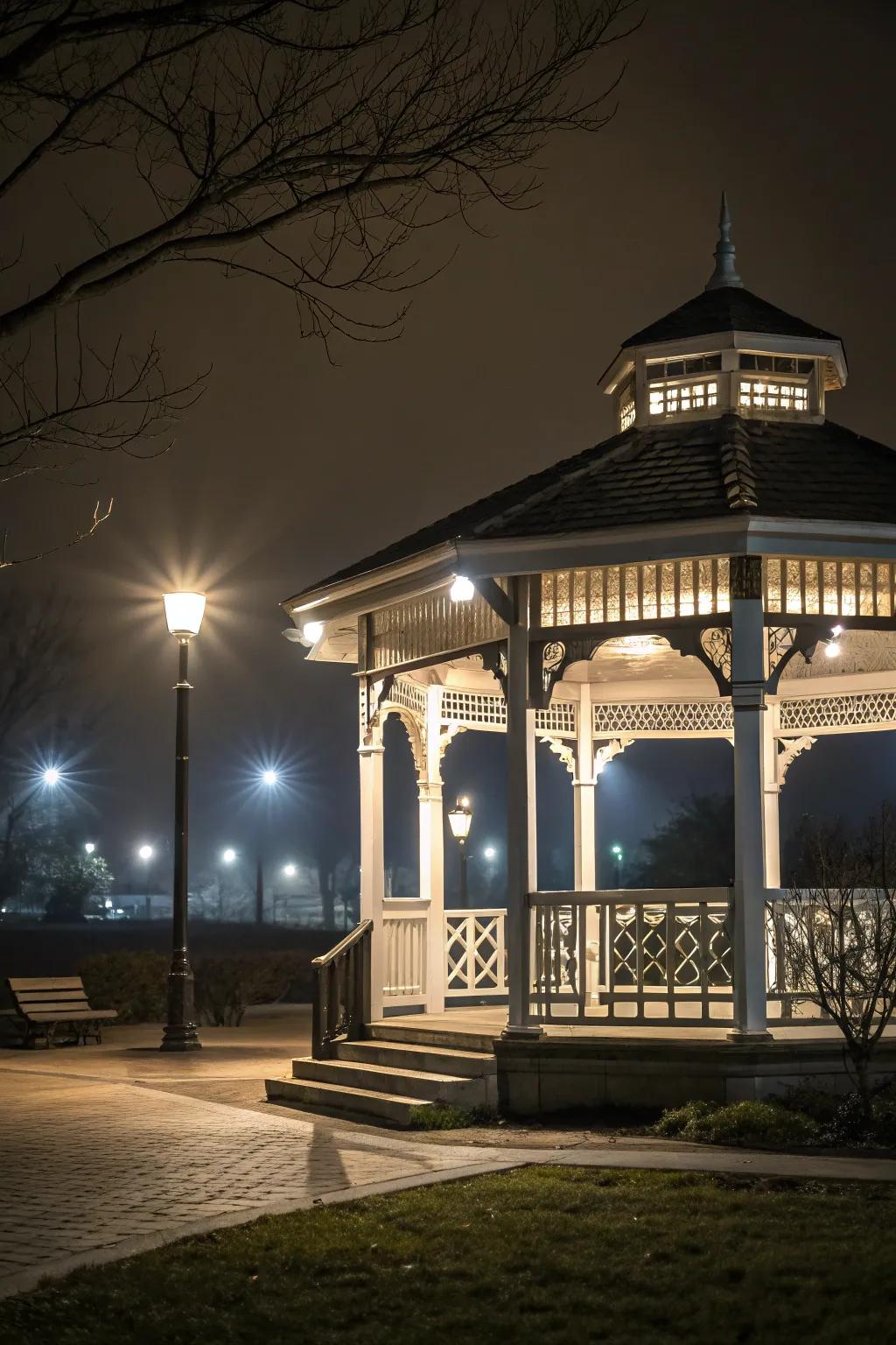 Focus lights inject drama by spotlighting the architectural splendor of your gazebo.