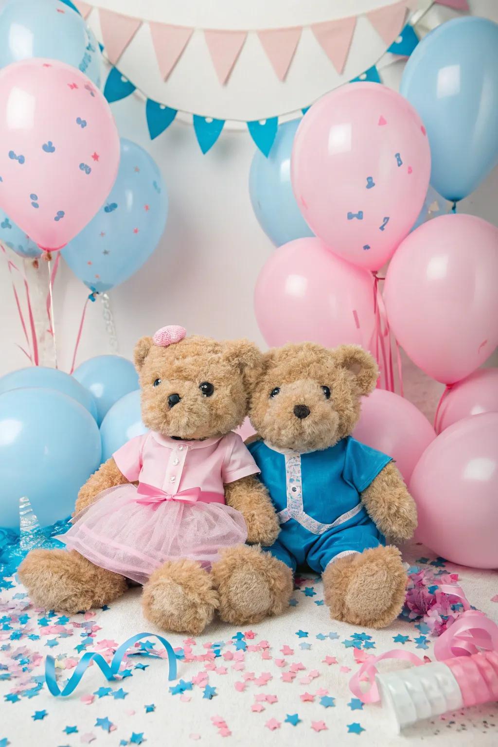 Teddy bears bring an adorable, whimsical element to the gender reveal décor.